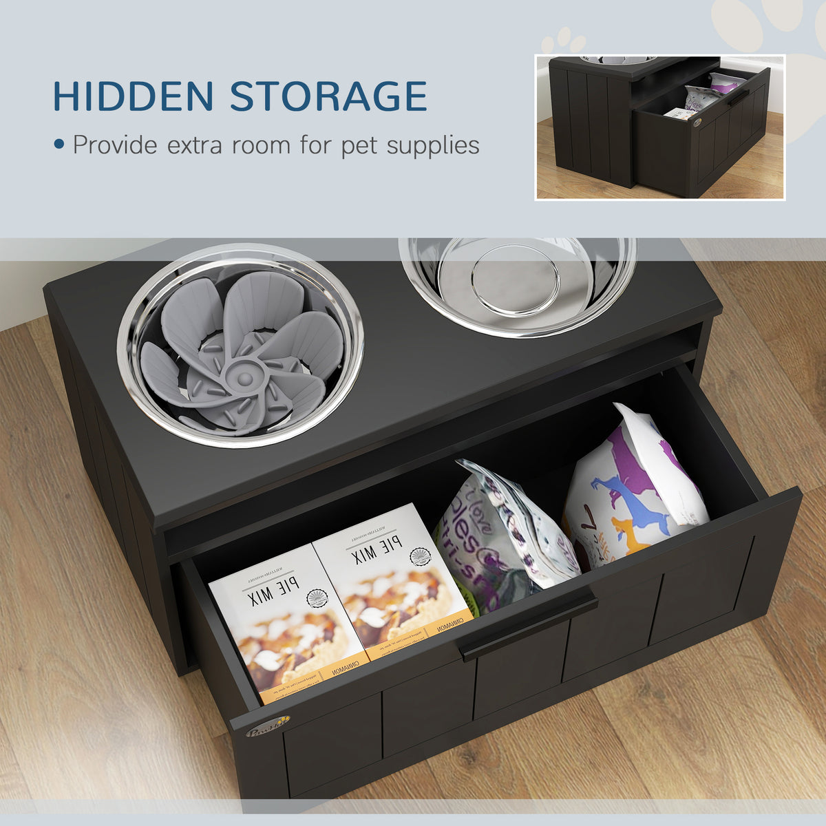 Raised Slow Feeder Dog Bowl with Two Stainless Steel Bowls and Drawer for Large & Extra Large Dogs - Black