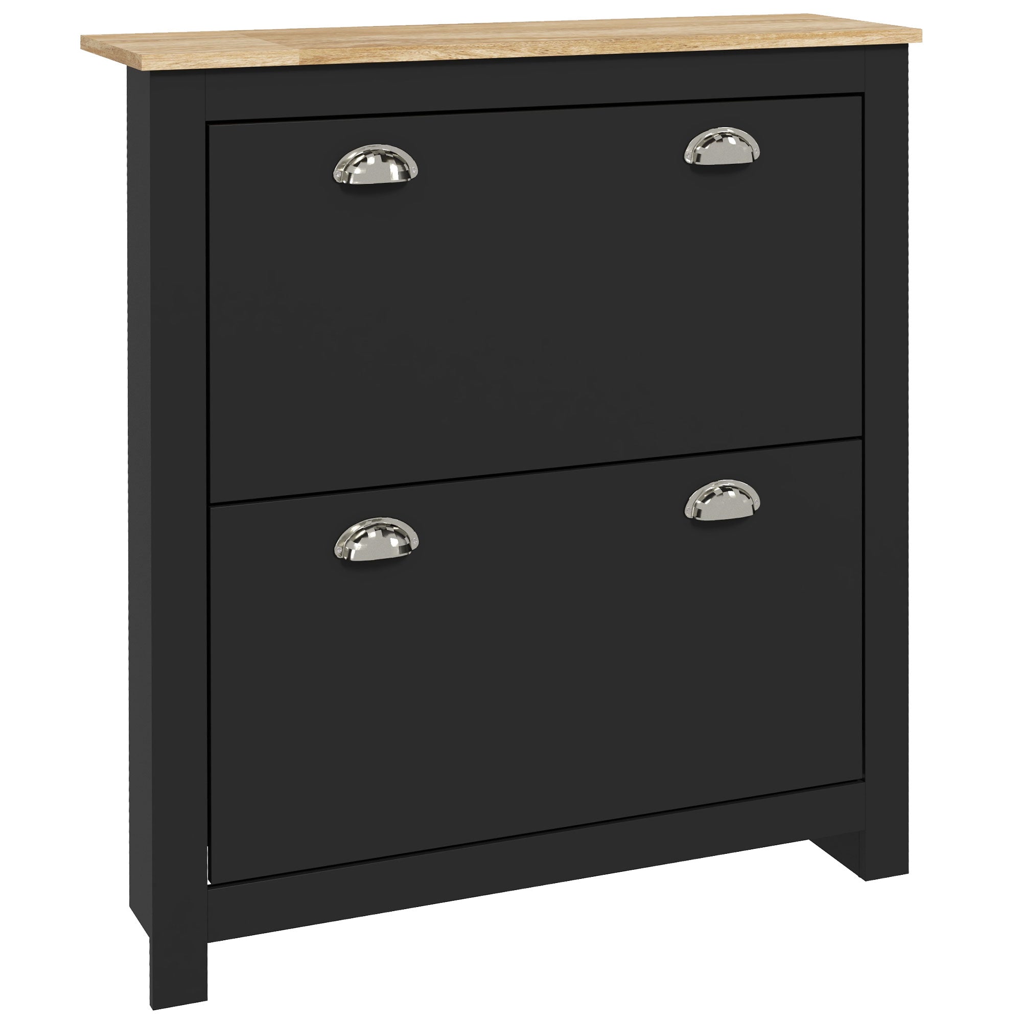 2 Drawer Shoe Cabinet Modern Narrow Shoe Cupboard Hallway Wooden Storage Organiser with Flip Doors Adjustable Shelf for 6-12 Pairs, Black