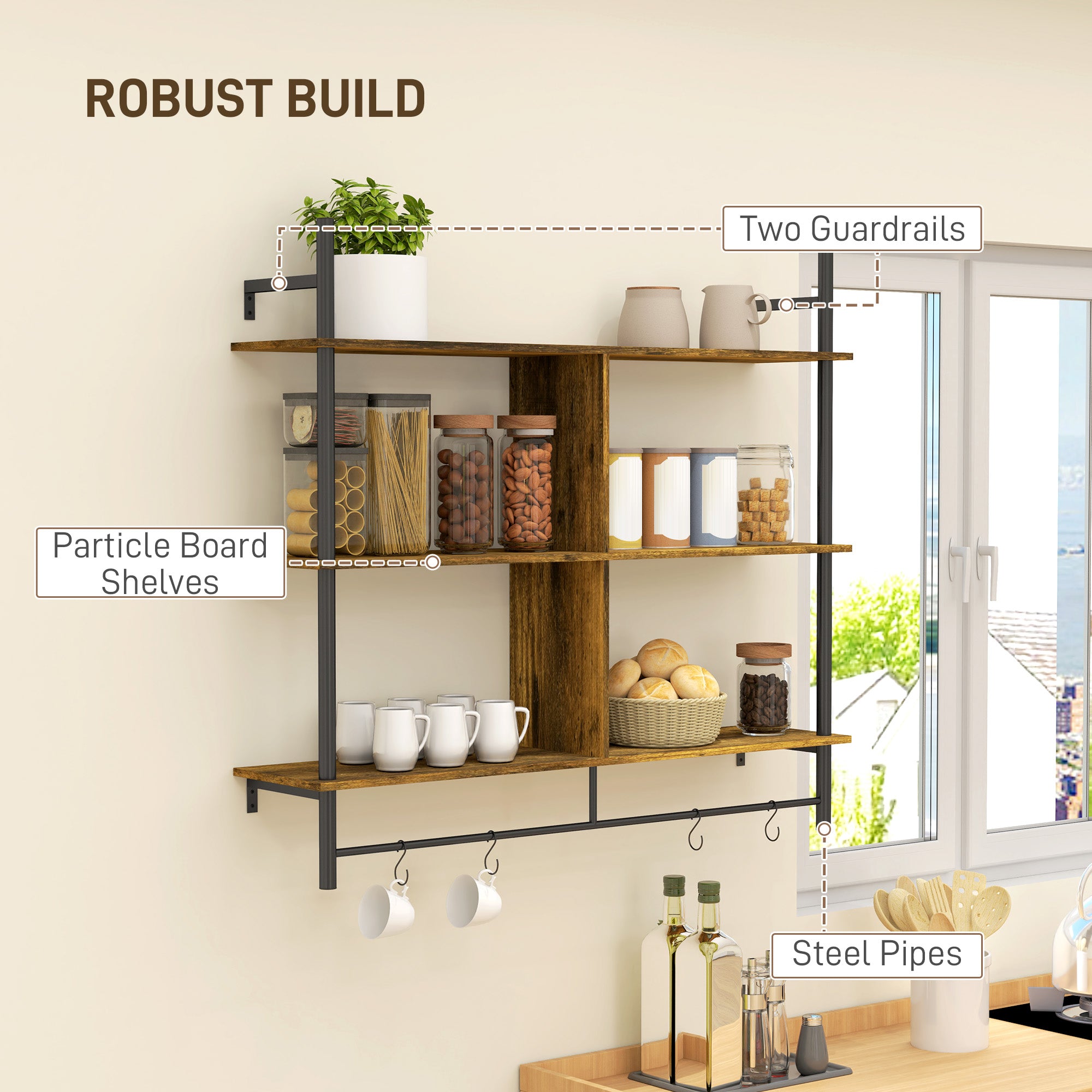 Three-Tier Floating Wall Shelf with Hooks - Brown/Black