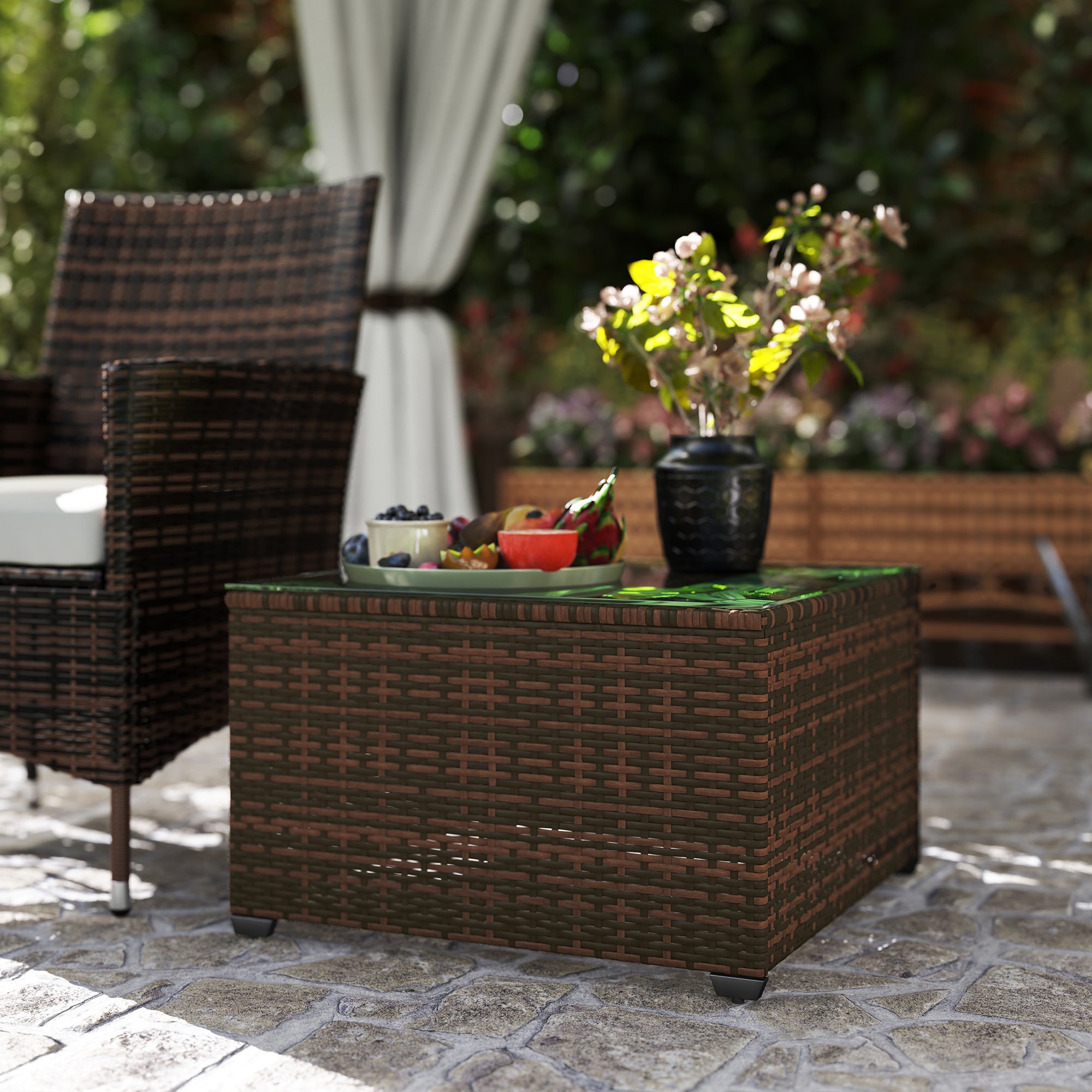 62cm Glass Top Rattan Side Table with Tempered Glass - Brown