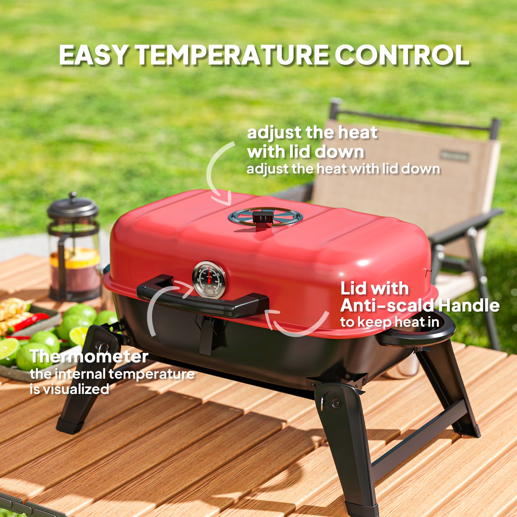 Charcoal Barbecue Grill Folding Portable BBQ Grill for Camping with 1232 cm² Cooking Area, Adjustable Vent, Thermometer, Handles for Picnic, 59 x 37 x 36 cm, Red