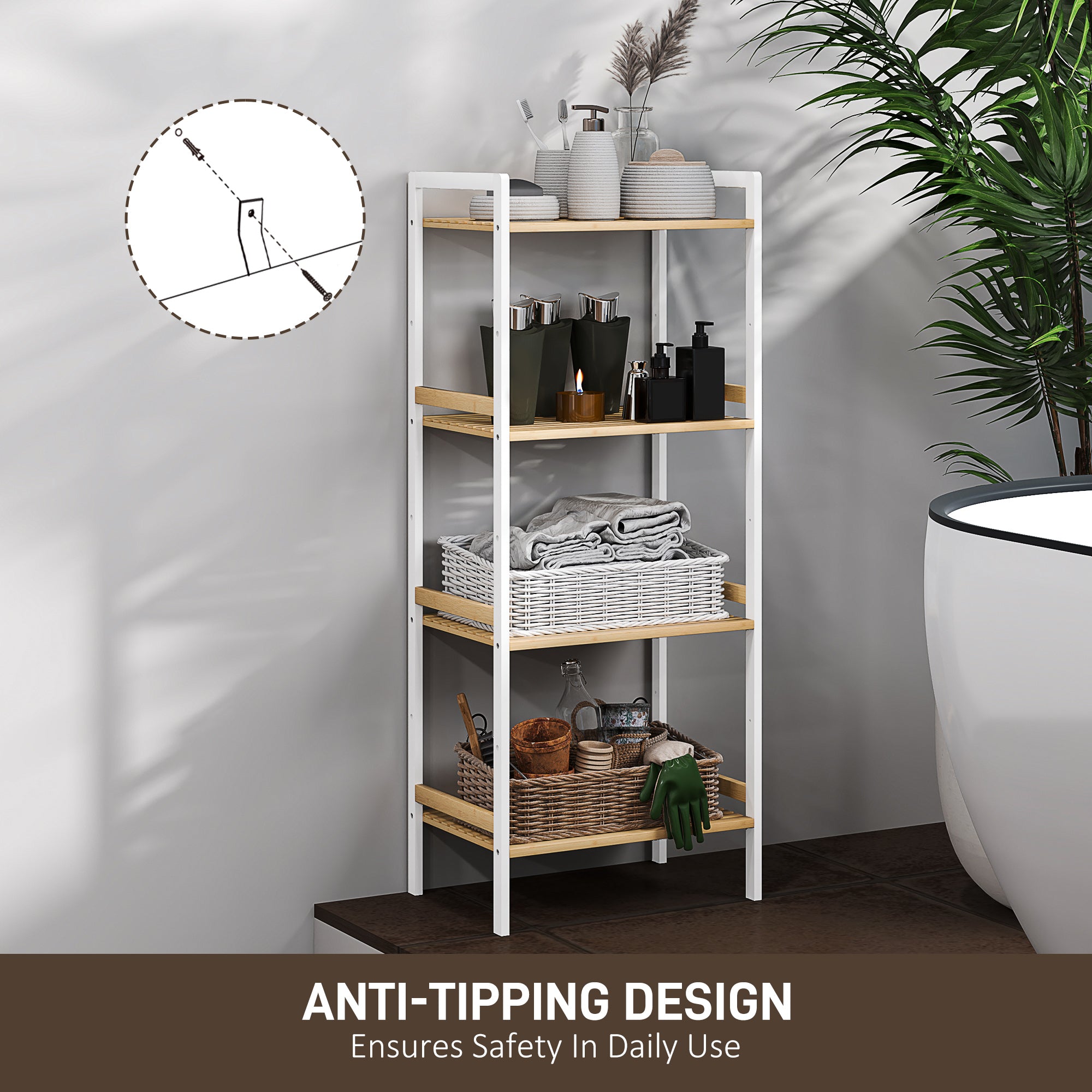 Four-Tier Adjustable Bamboo Shelf Storage Unit - Natural and White