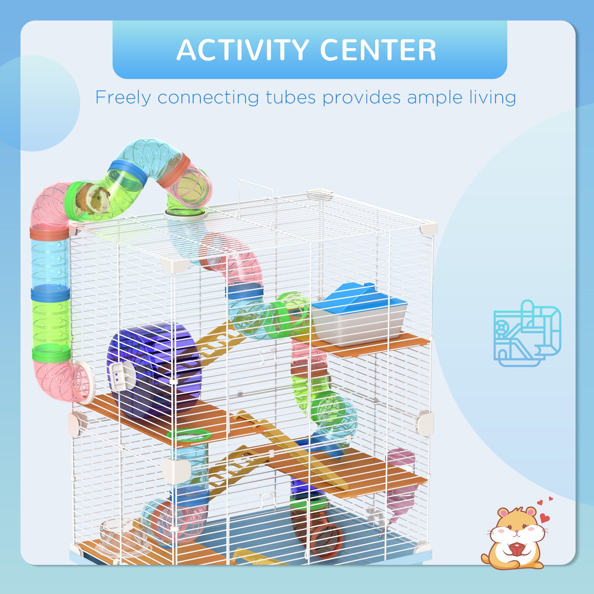 5 Tier Hamster Cage Carrier Habitat w/ Exercise Wheels, Tunnel, Light Blue