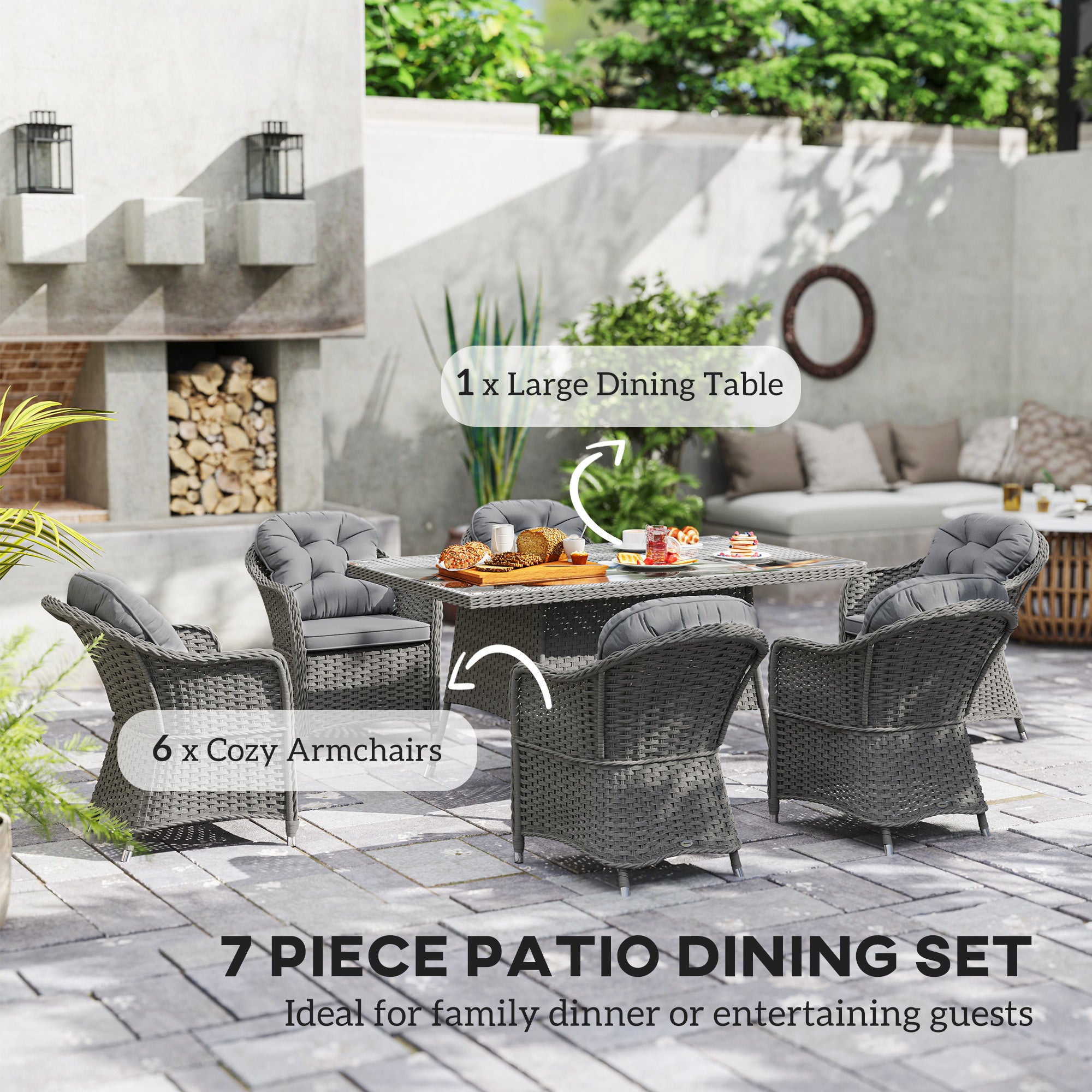Seven-Piece Rattan Dining Set - Light Grey