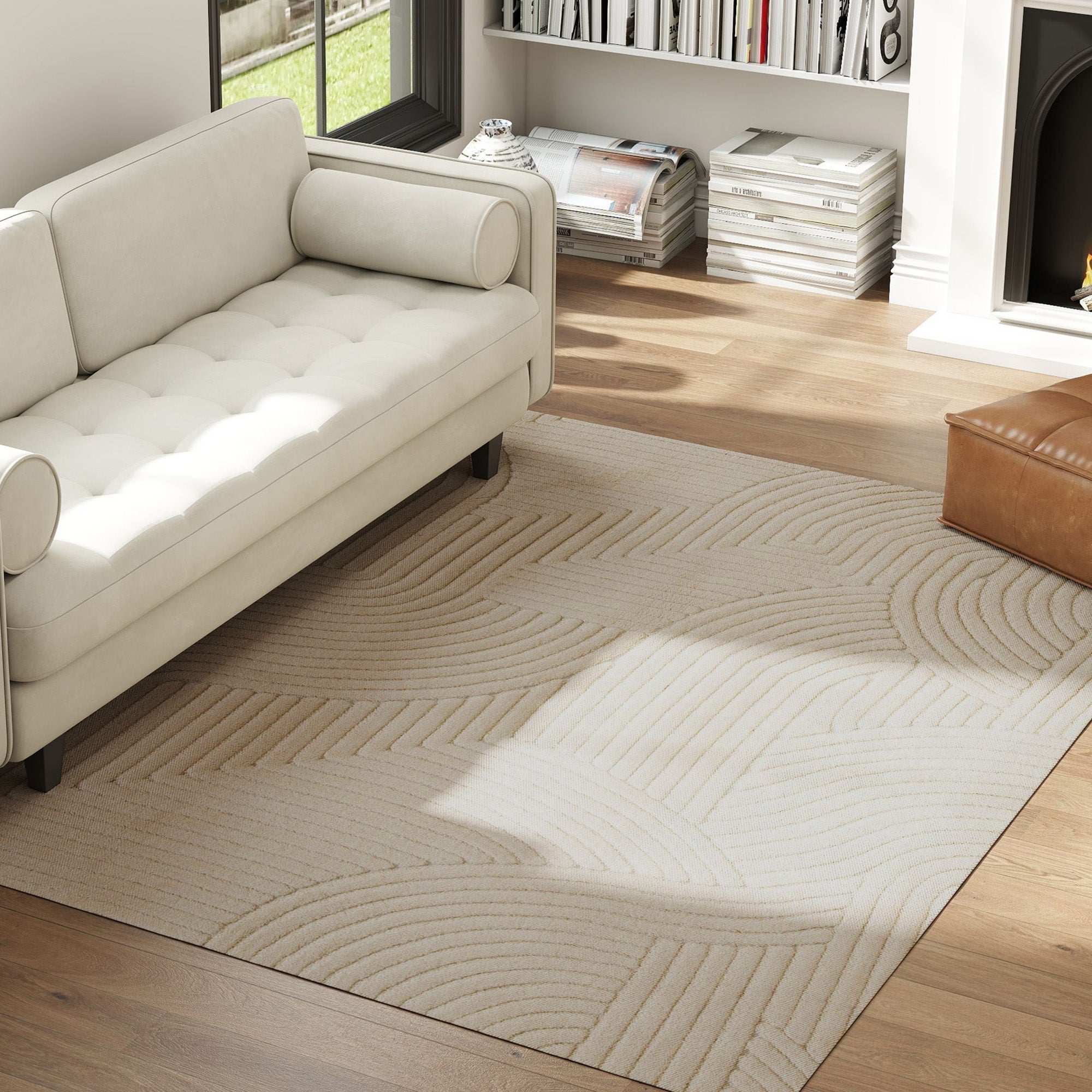 Modern Geometric Rug, Thick & Plush, Non-Slip, 230 x 160 cm – Cream, Living Room/Bedroom/Office
