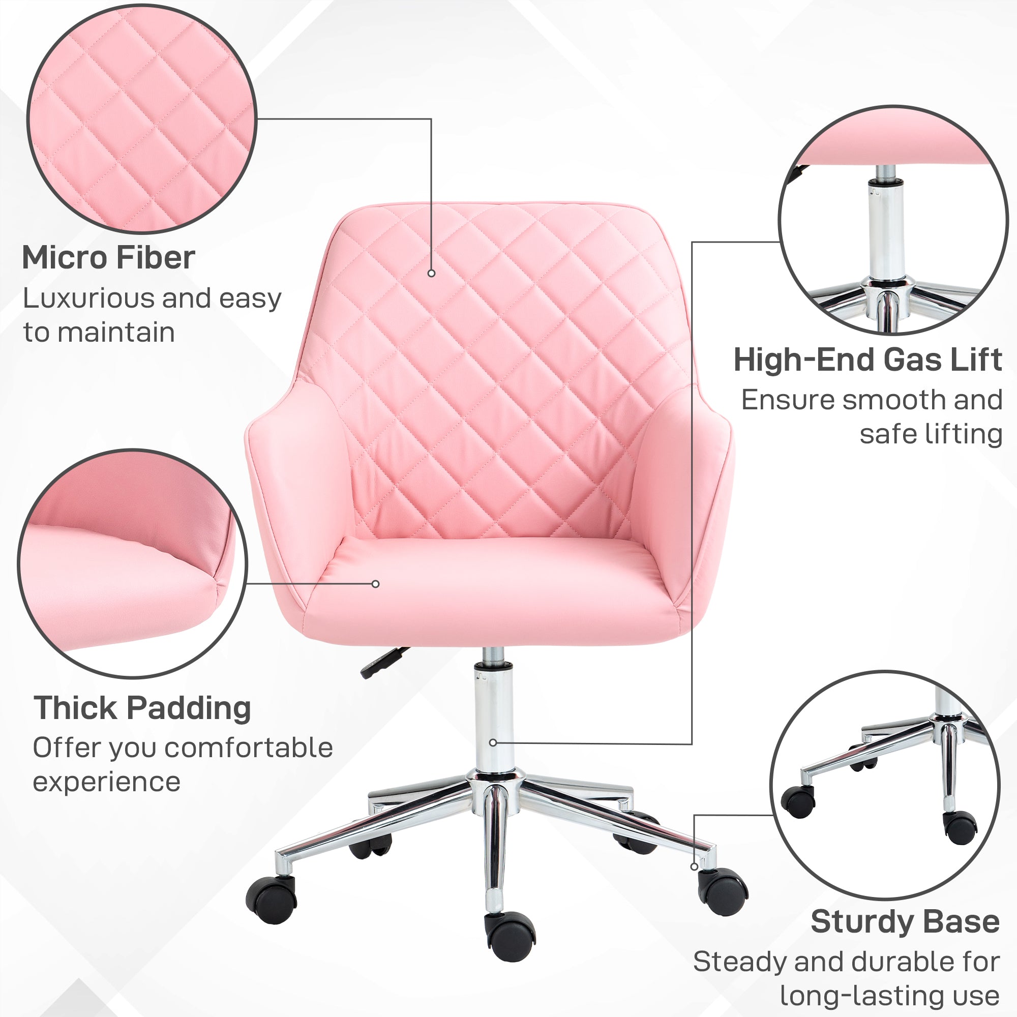 Office Desk Chair, Leather-Feel Fabric Computer Swivel Chair with Rolling Wheels and Adjustable Height for Home, Pink