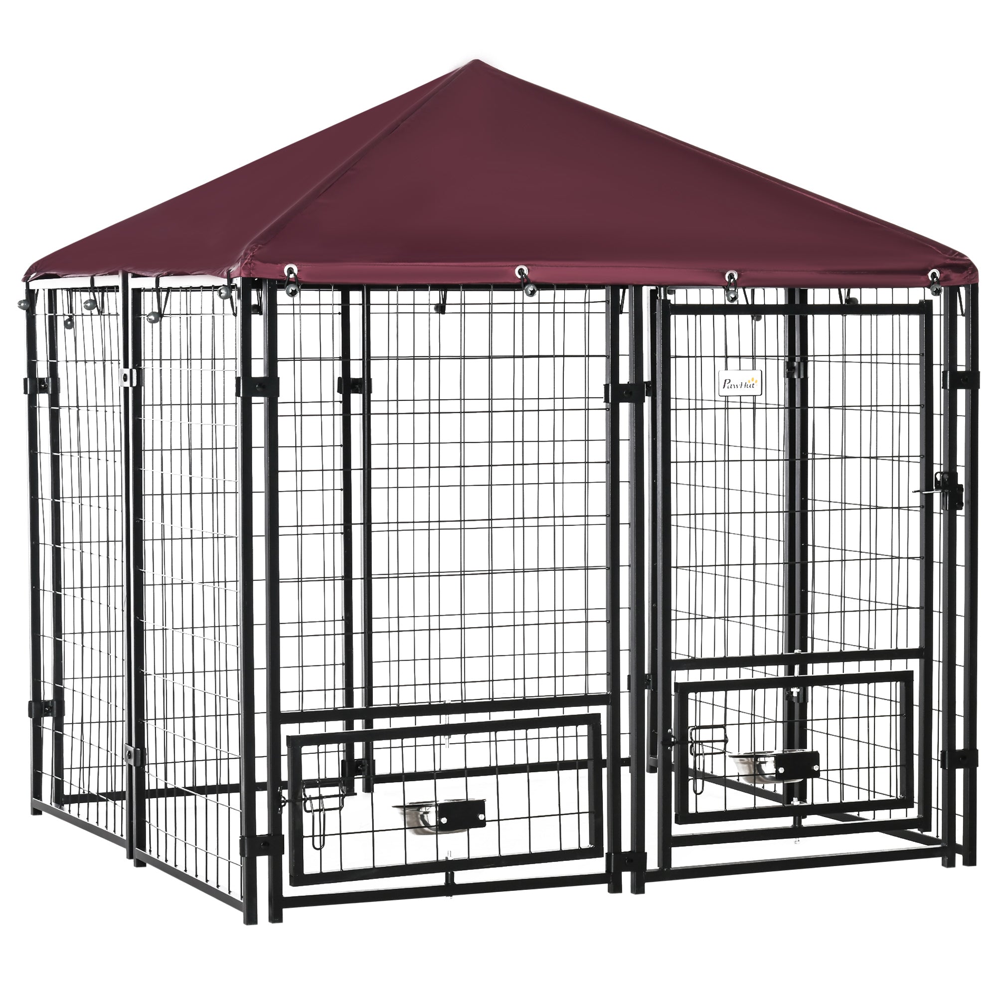 Outdoor Dog Kennel with Rotating Bowl Holders, Water and UV-Resistant Cover for Medium & Small Dogs, Red