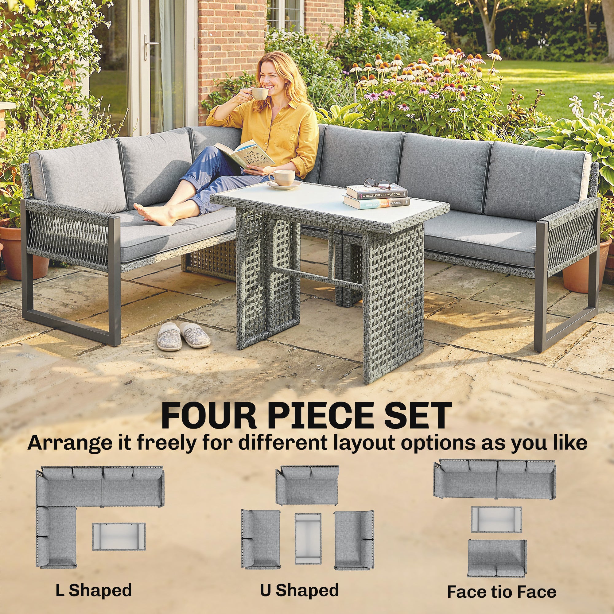 6 Seater Rattan Garden Furniture Set with 3 Loveseats, Table, Patio Rattan Corner Sofa Set, Grey