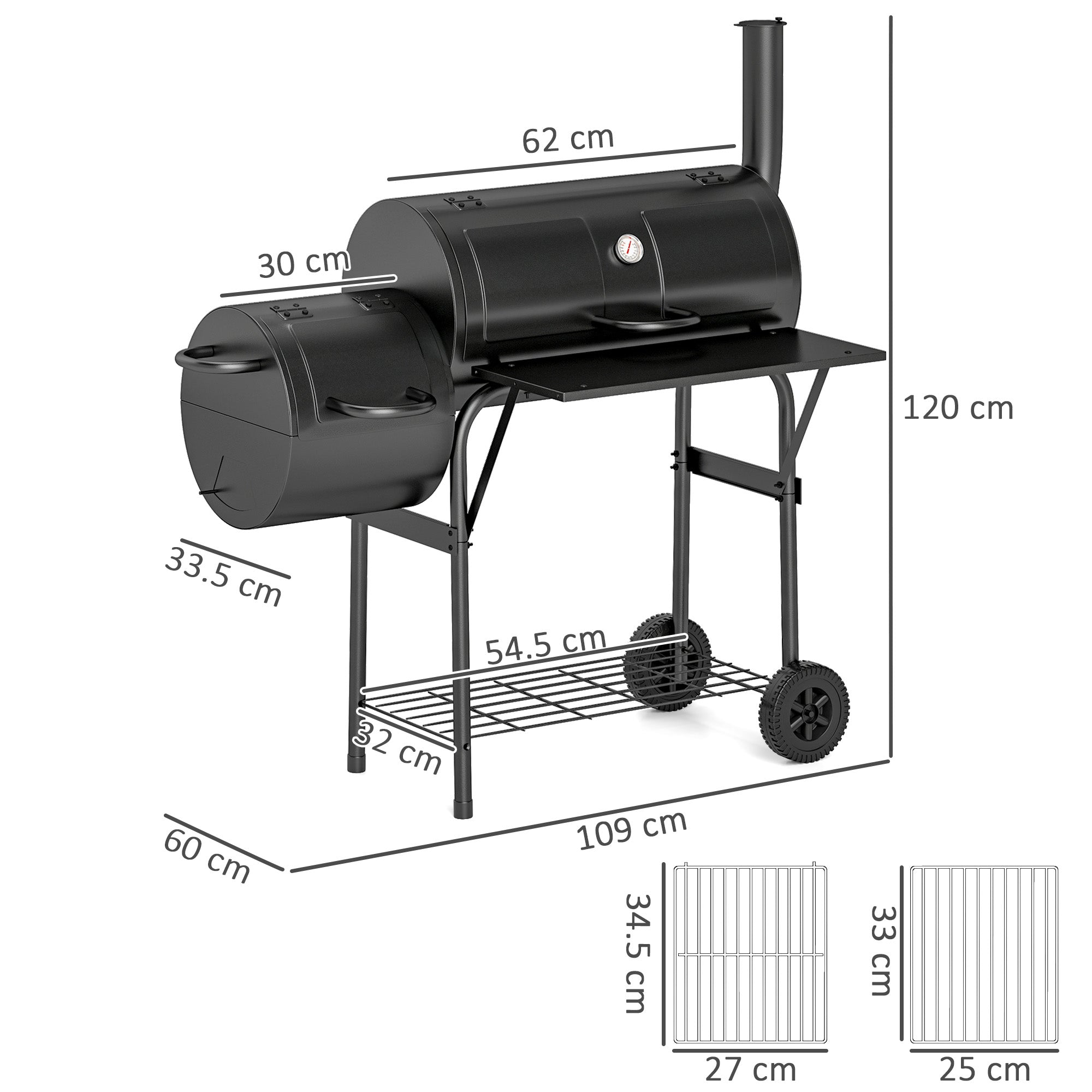 Barbecue Grill Portable Outdoor Charcoal BBQ Grill with Offset Smoker 109 x 60 x 120 cm Black