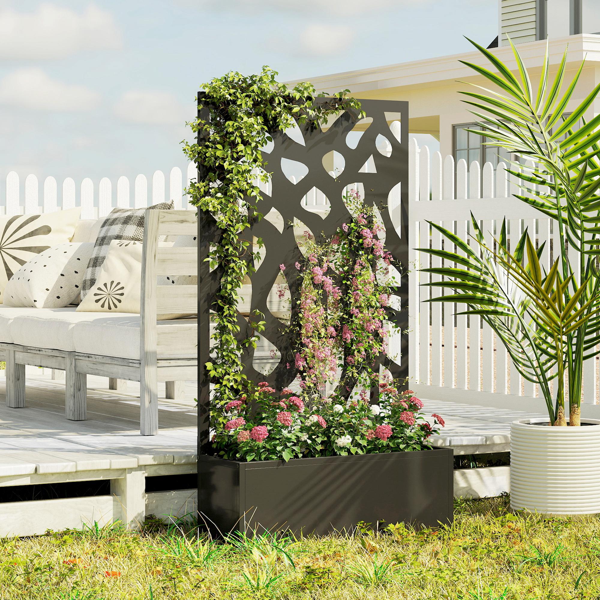Metal Raised Garden Bed with Trellis, Outdoor Planter Box with Privacy Screen, Elevated Garden Box for Climbing Plants