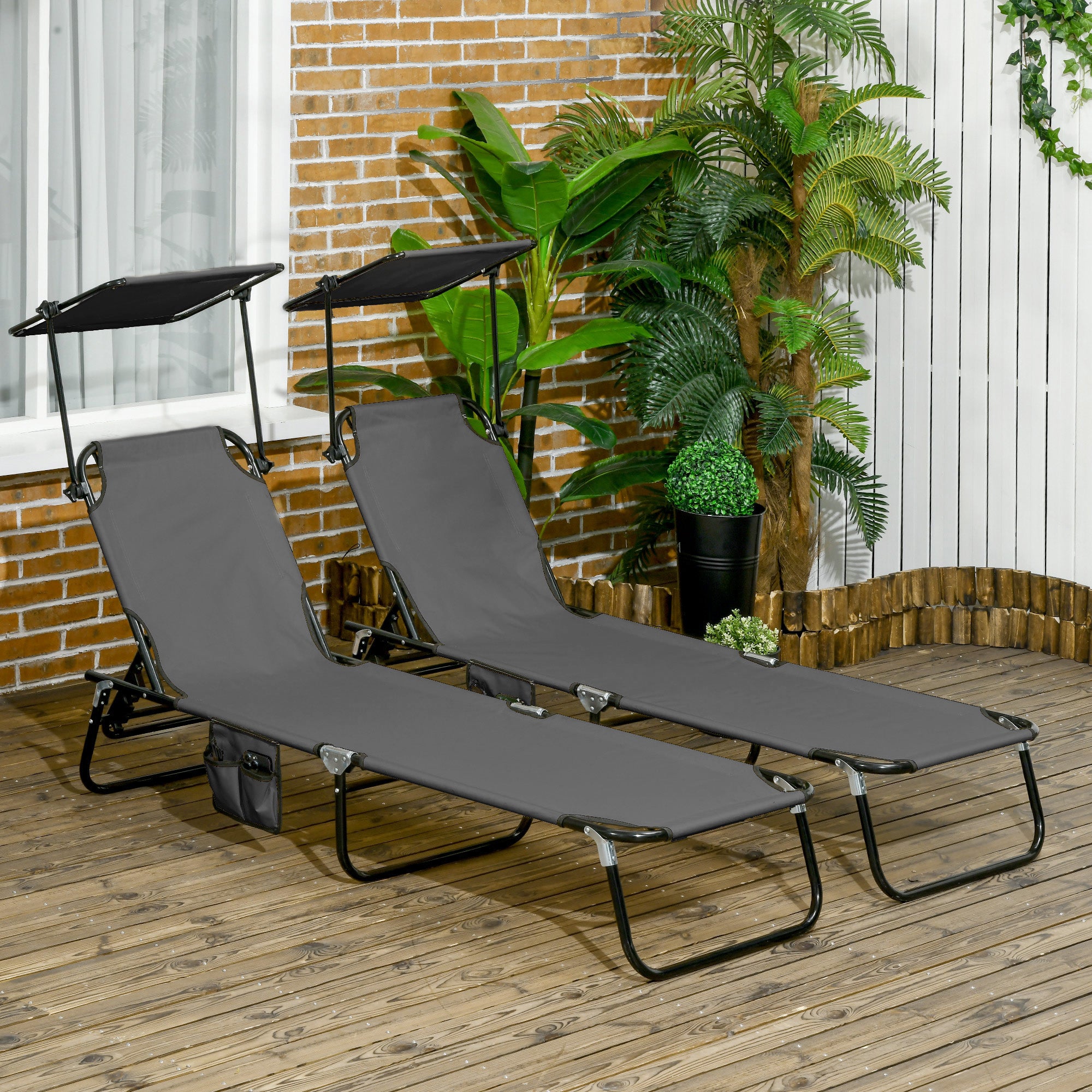 Set of Two Folding Sun Loungers, with Adjustable Backs and Sun Canopies - Grey