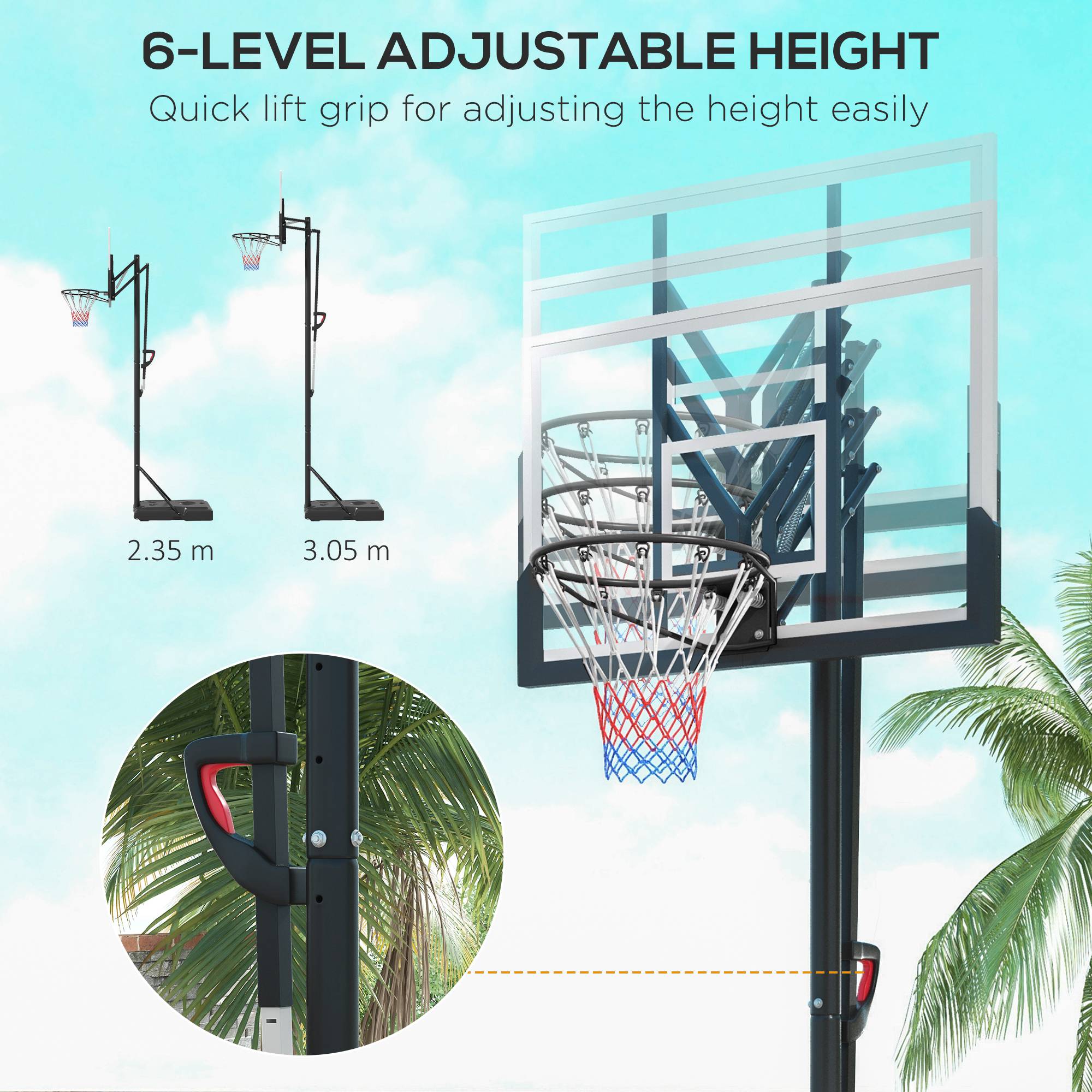 Six-Level Height Adjustable Freestanding Basketball Hoop and Stand with Wheels, 2.35-3.05m