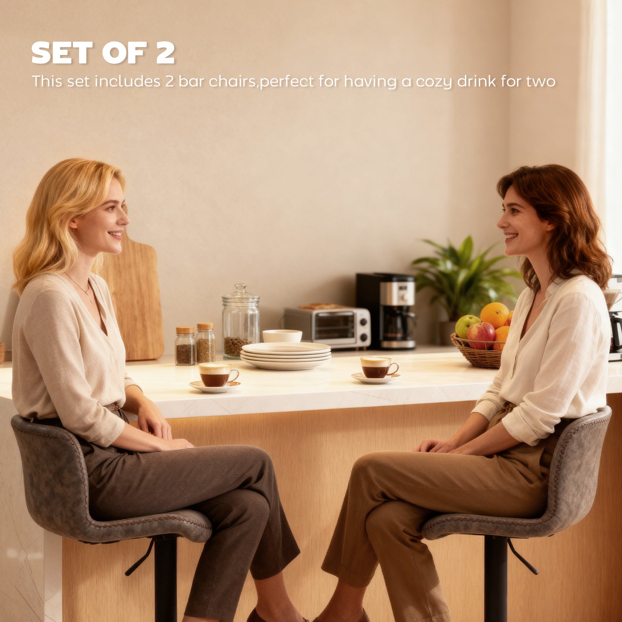 Bar Stools Set of 2, PU Leather Barstools with Backrest and Footrest for Kitchen, Counter, Breakfast Bar, Brown