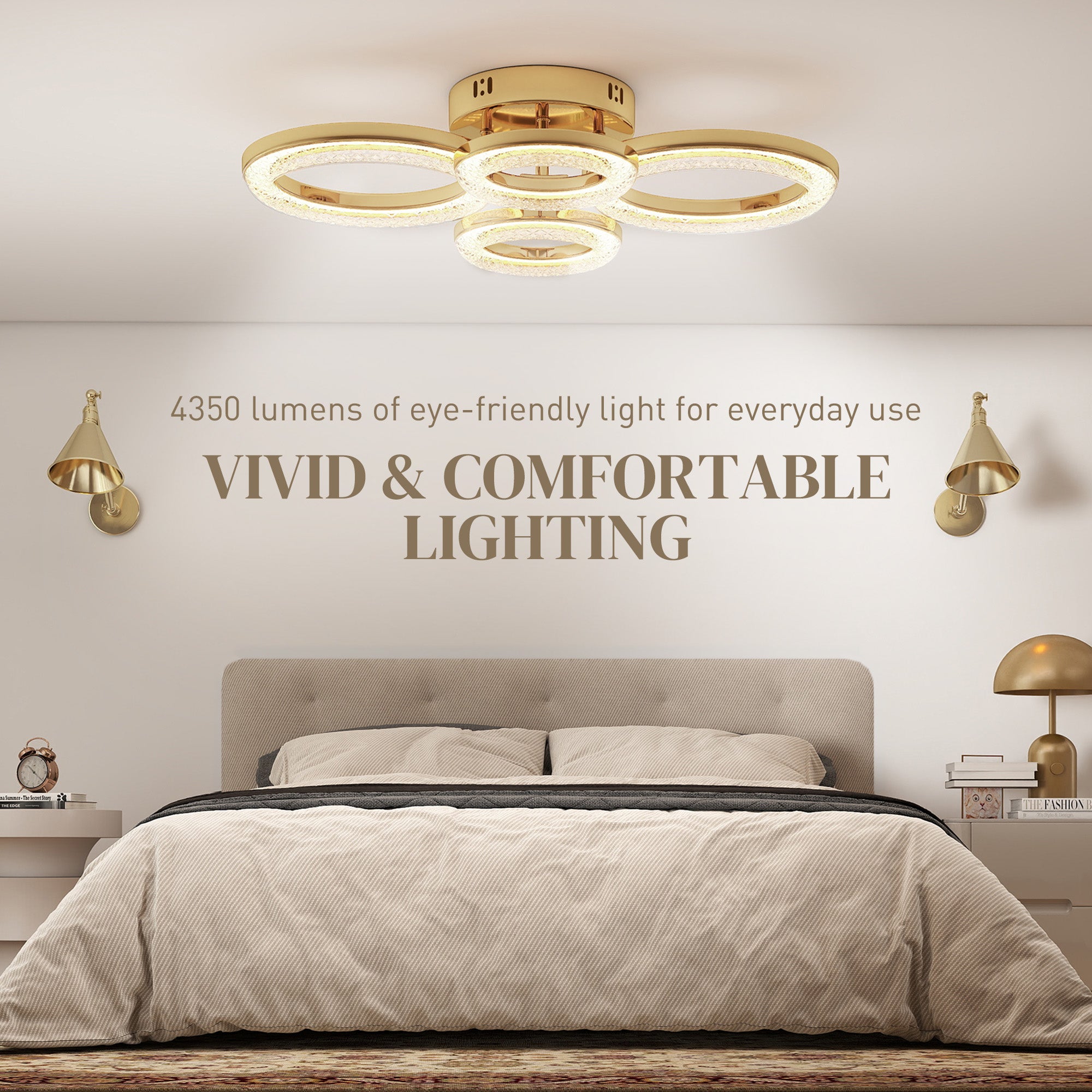 LED Ceiling Light, Modern Dimmable 4 Rings Ceiling Lamp with Wall Switch, 40W 4350lm Flush Mount Ceiling Light with 3500K/4500K/6000K Colour Temperatures for Living Room, Bedroom, Gold Tone