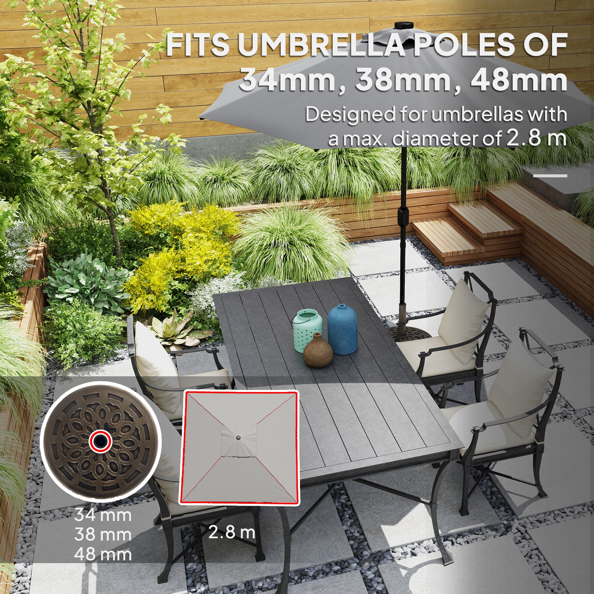 21kg Resin Garden Parasol Base with Wheels, Round Umbrella Stand, Heavy Duty Sun Umbrella Base for 34, 38, 48 mm Umbrella Poles for Deck Poolside, Bronze Tone