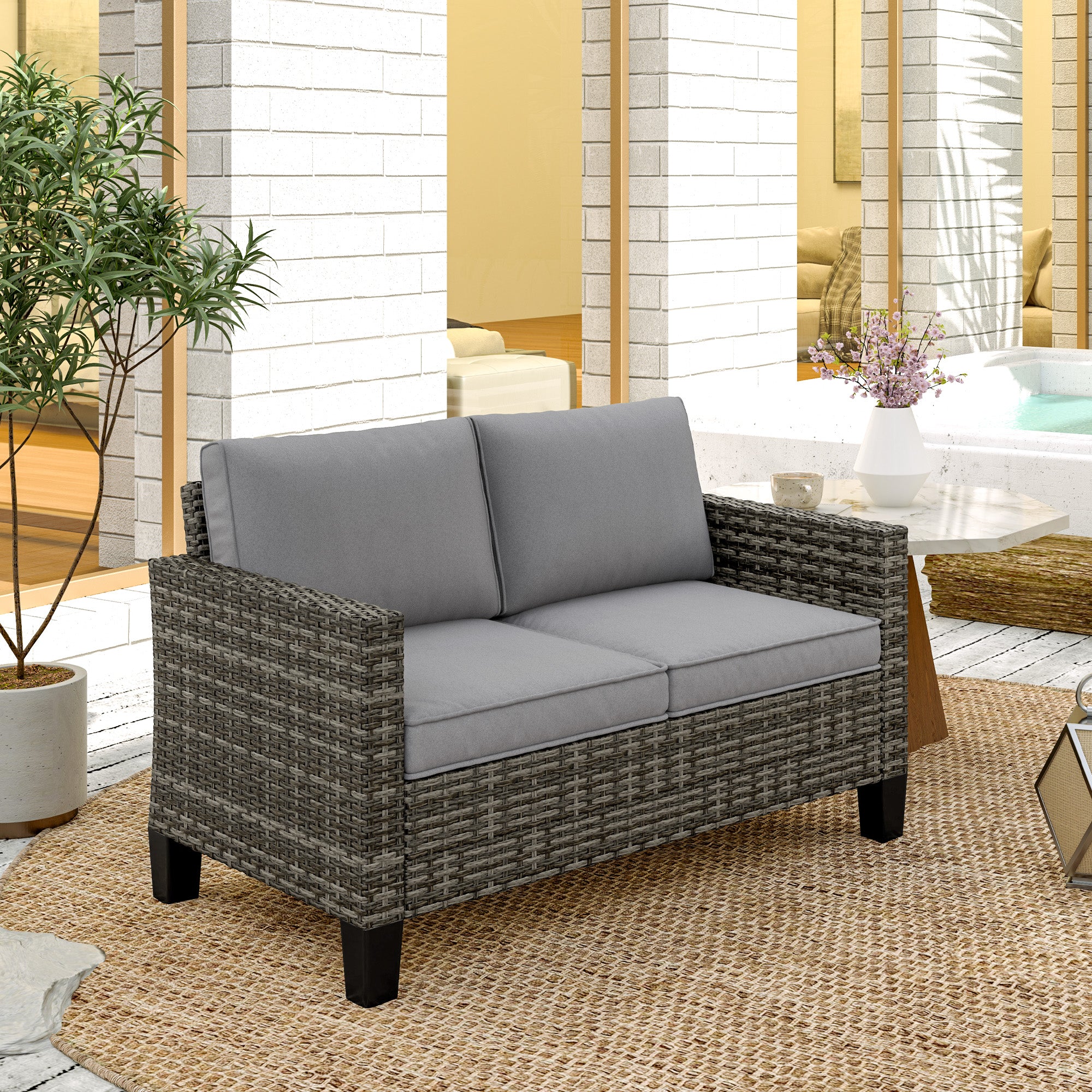 Two-Seater Rattan Outdoor Sofa - Dark Grey