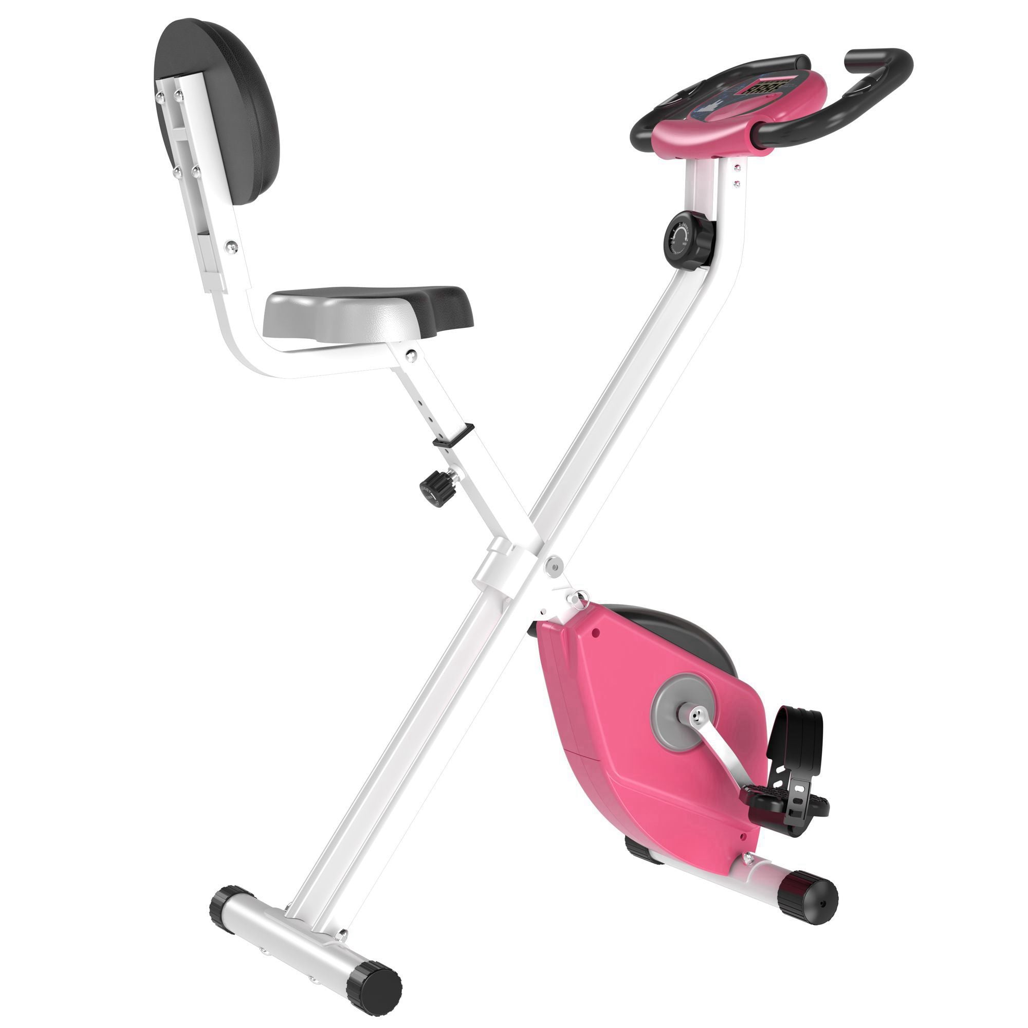 Exercise Bike Fitness Bicycle Indoor trainer Foldable 8-level Magnetic Resistance Adjustable w/LCD Monitor Pulse Sensor, Pink