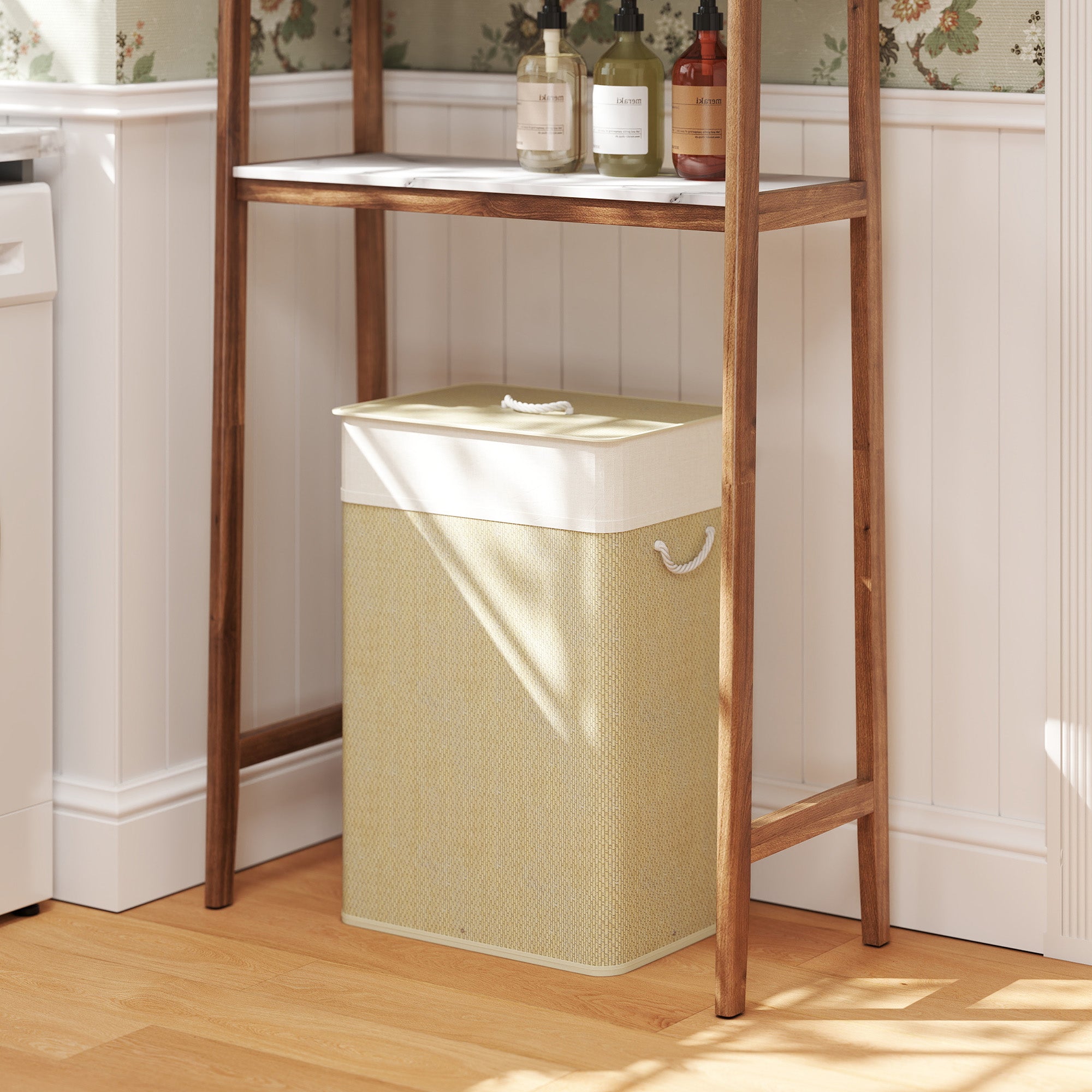 Bamboo Laundry Basket with Lid, 72L Laundry Hamper with Rope Handles, Washing Basket with Removable Washable Liner Bag for Bathroom, Bedroom, Nature Wood Finish