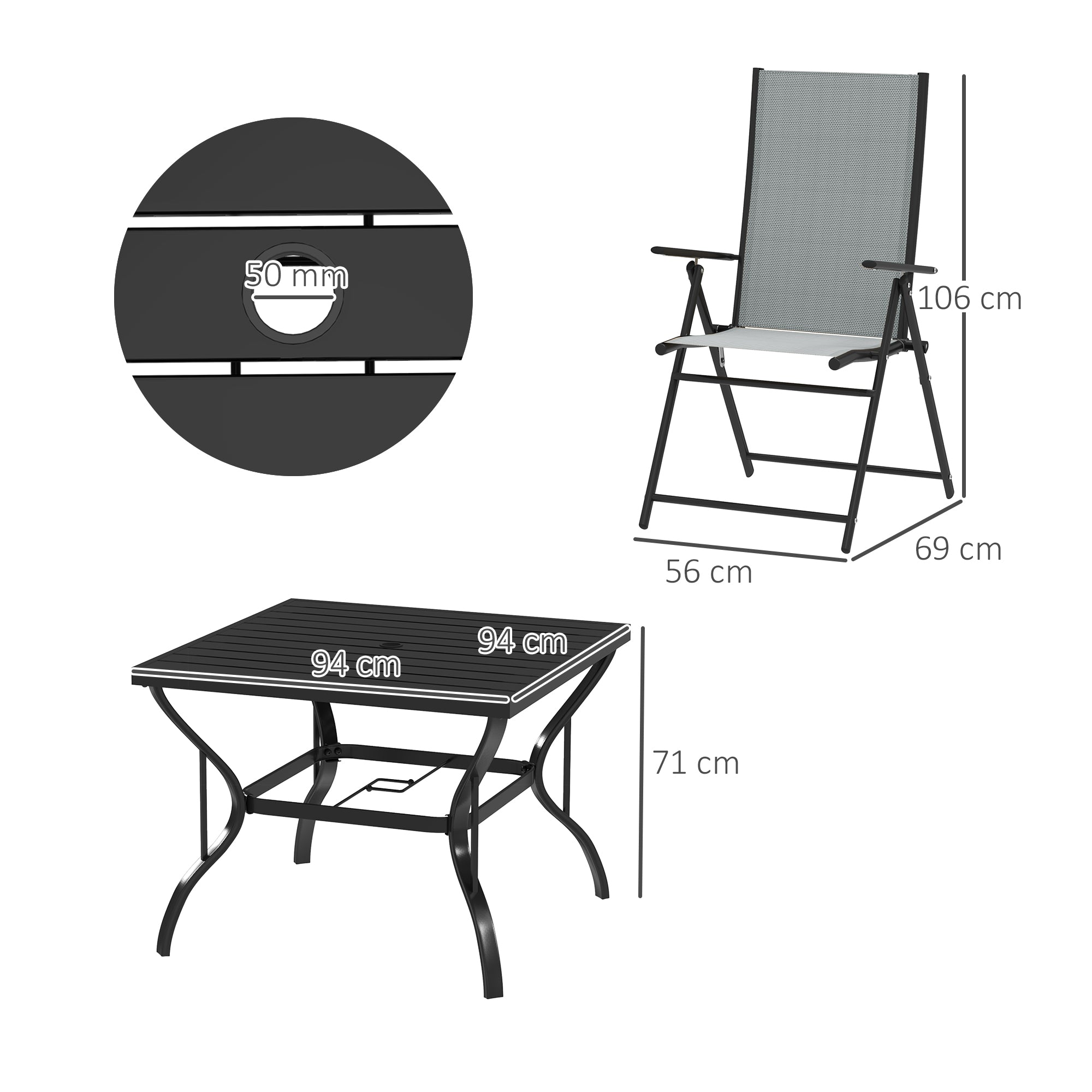 5 Piece Steel Frame Patio Dining Set with Folding Chairs - Grey Black