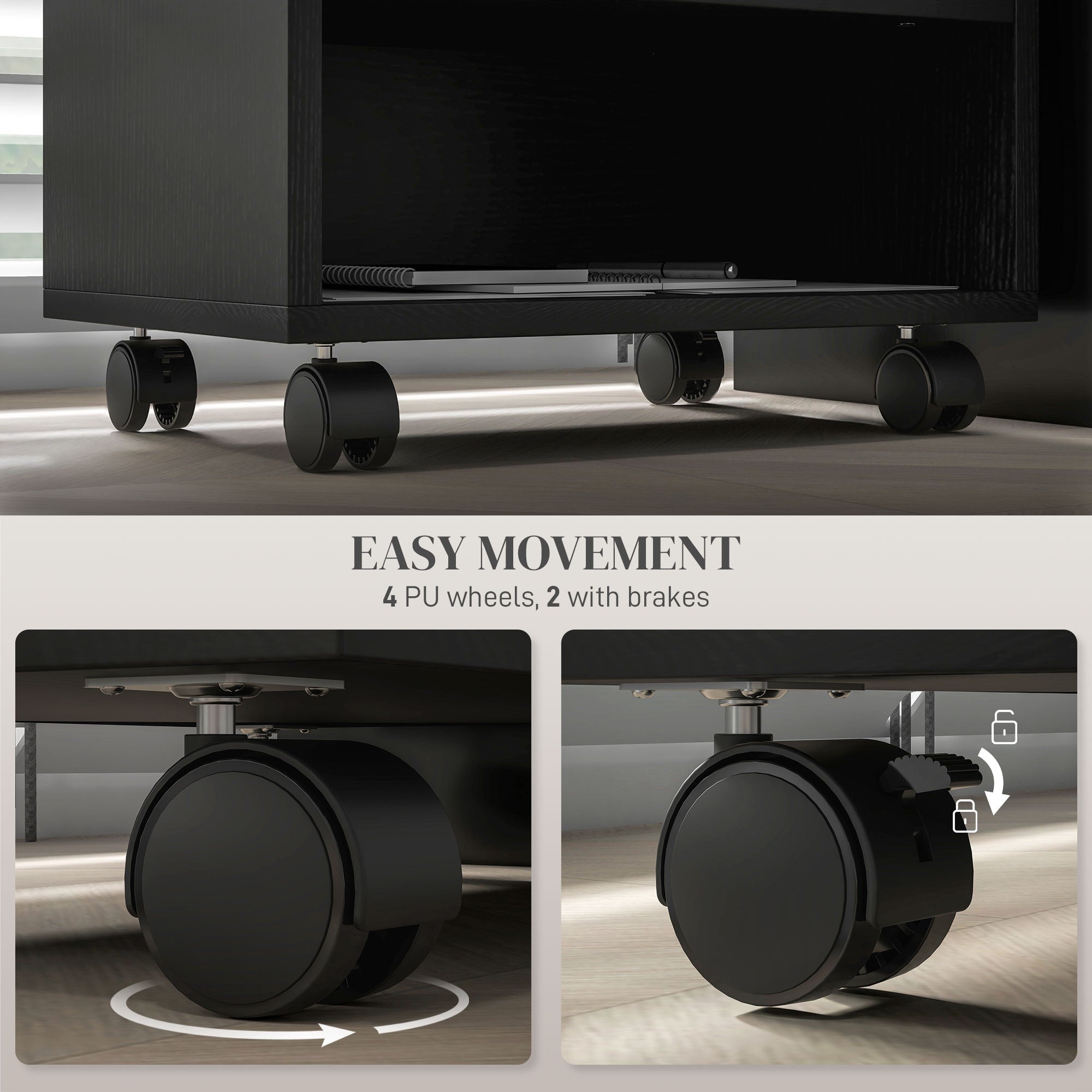 Three-Compartment Printer Cabinet with Wheels for Office Storage - Black