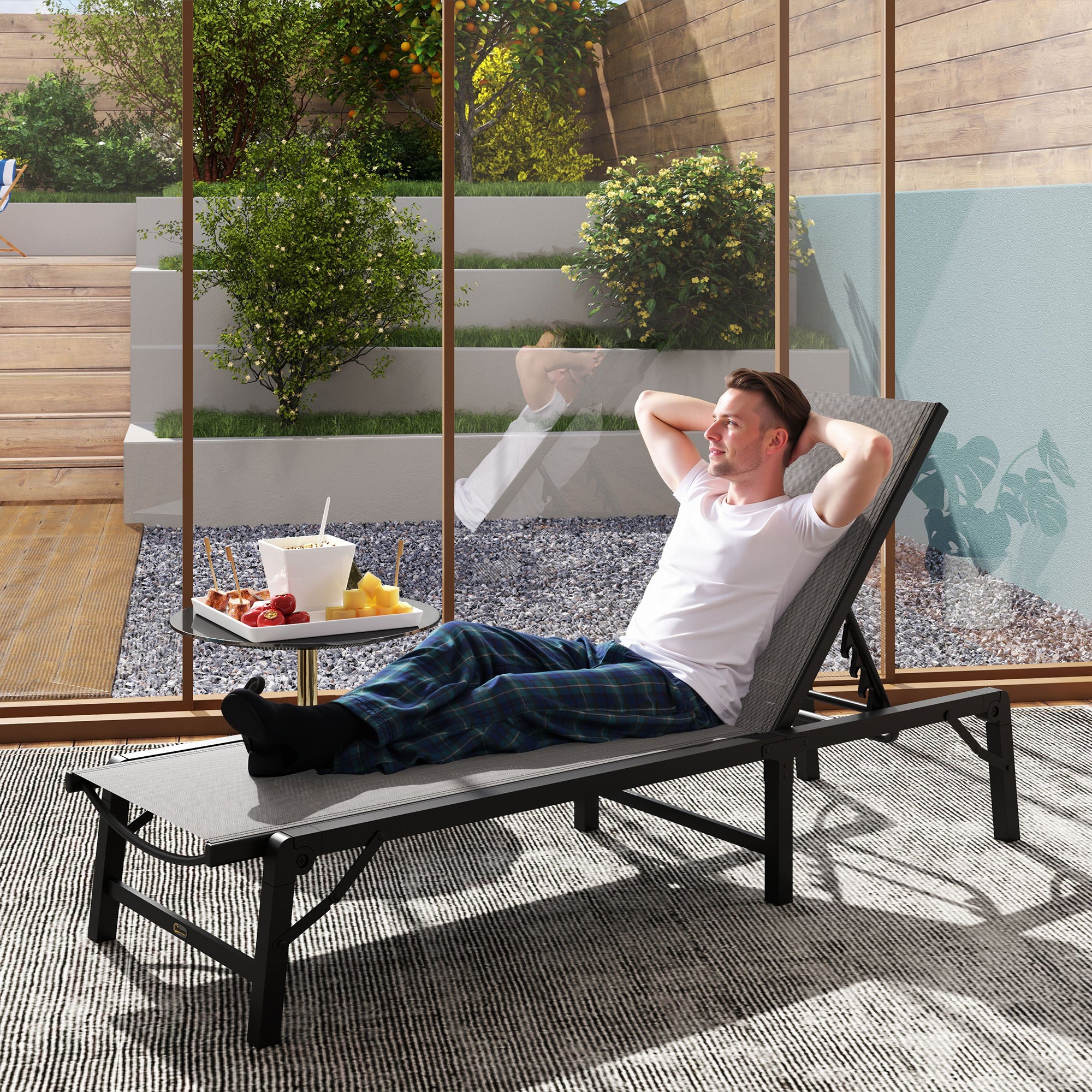 Adjustable Folding Sun Lounger with Steel Frame and Texteline Mesh - Light Grey