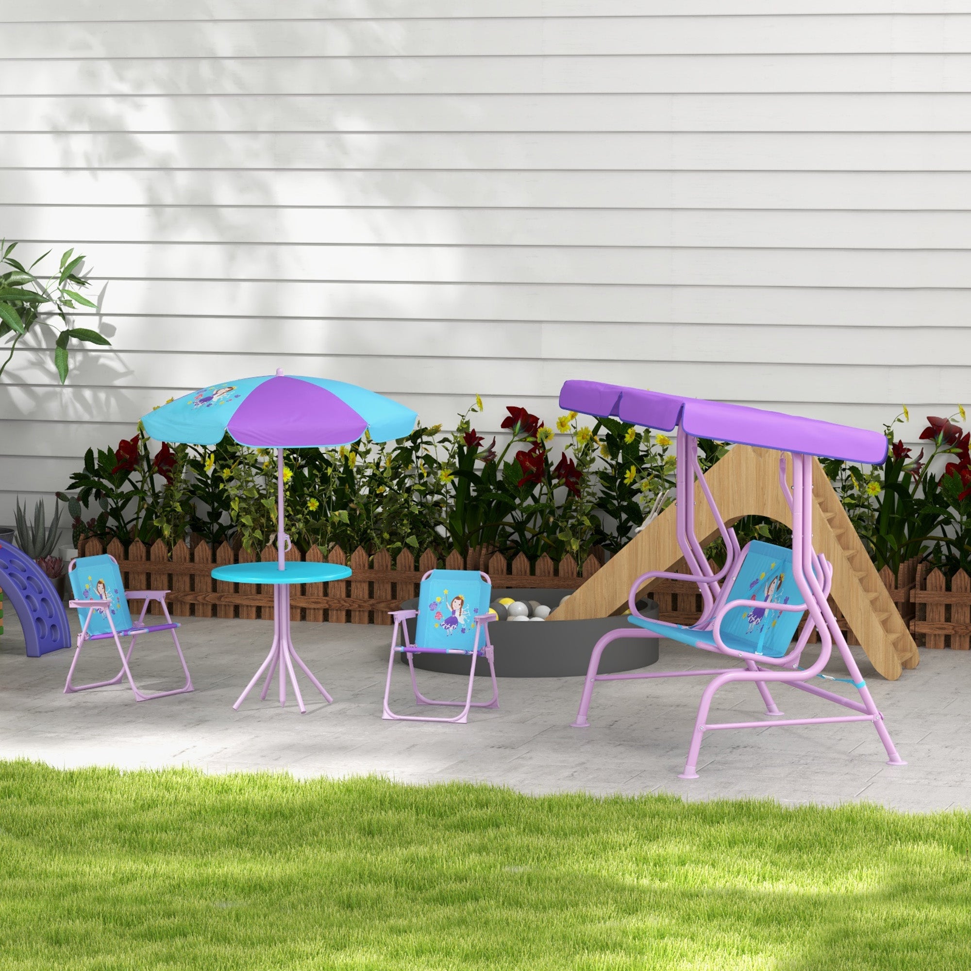 4PCs Kids Garden Furniture Set w/ 2 Seater Garden Swing Chair with Adjustable Canopy, Childrens Table and Chair Set with Parasol, for Toddler Girls 3-6 Years Old