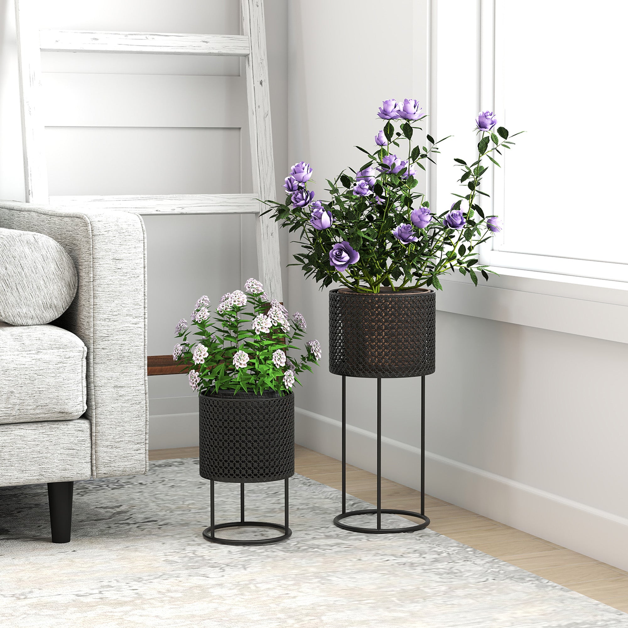 Metal Plant Pots Set of 2 with Hollow Design Flower Planters for Garden Balcony Black