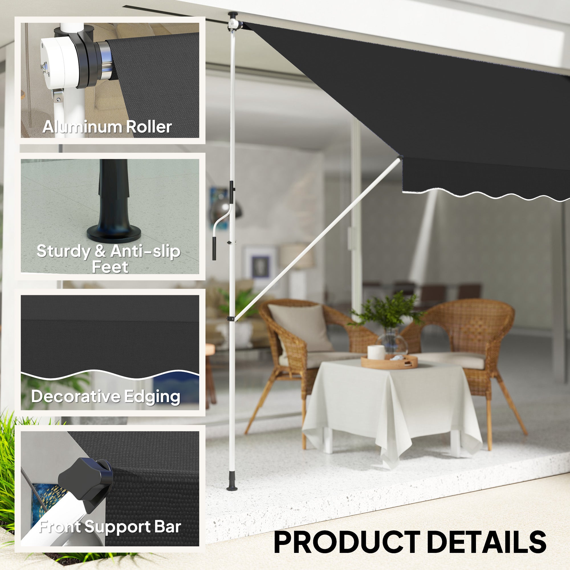 3x1.5m Adjustable Outdoor Aluminium Awning - Black