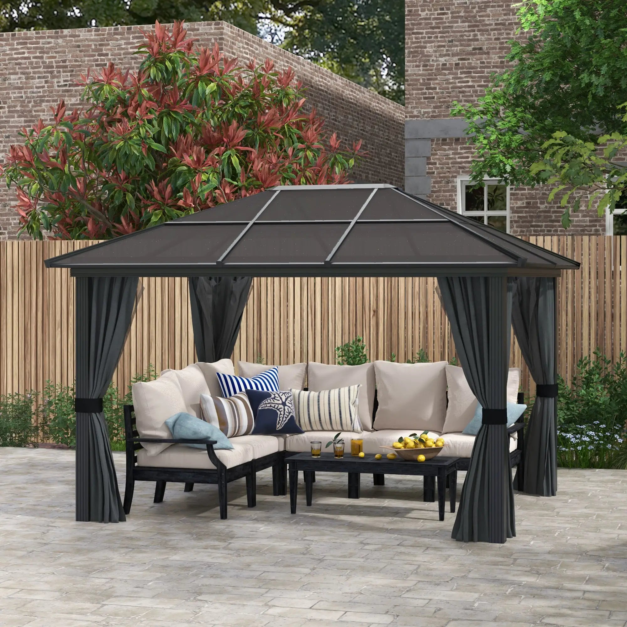 3 by 3.6 Metre Hardtop Gazebo with Polycarbonate Roof and Curtains - Dark Grey