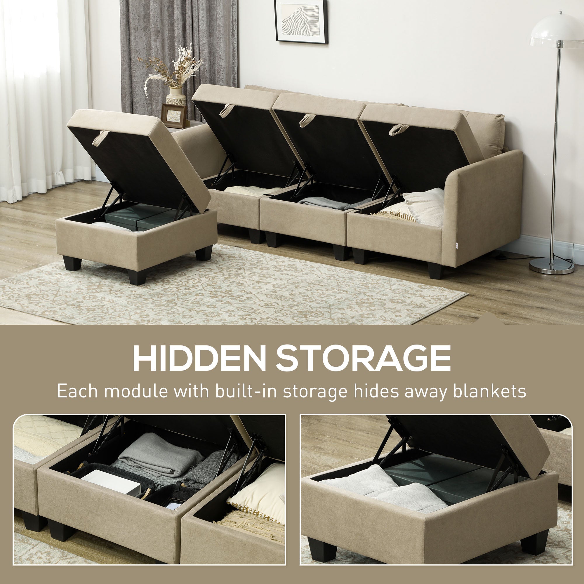 'L' Shape Modular Sofa, with Storage - Light Brown