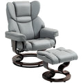 Faux Leather Swivel Recliner Chair and Footstool with Adjustable Backrest and Solid Wood Base - Light Grey