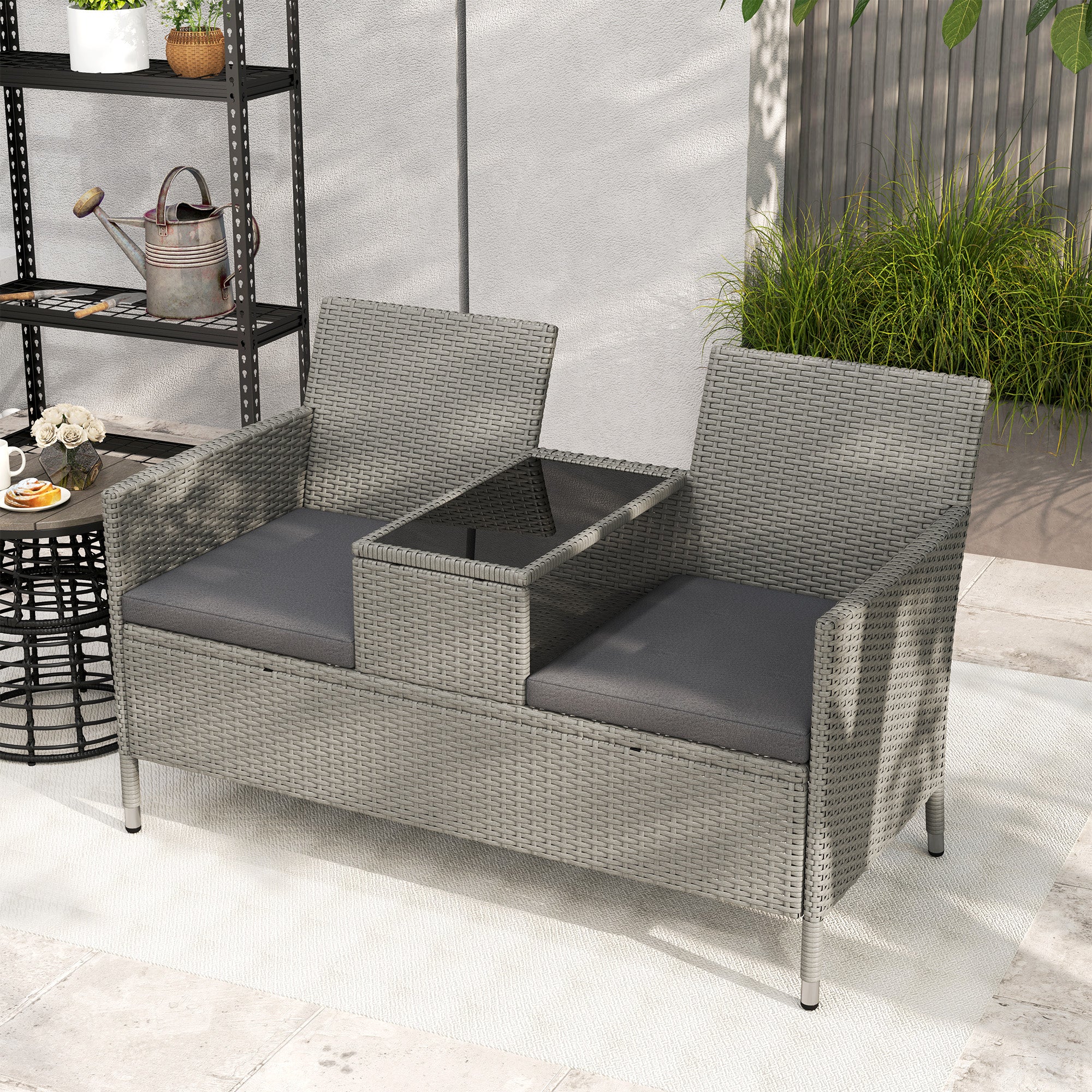 2-Seater PE Rattan Outdoor Garden Bench w/ Centre Table Grey