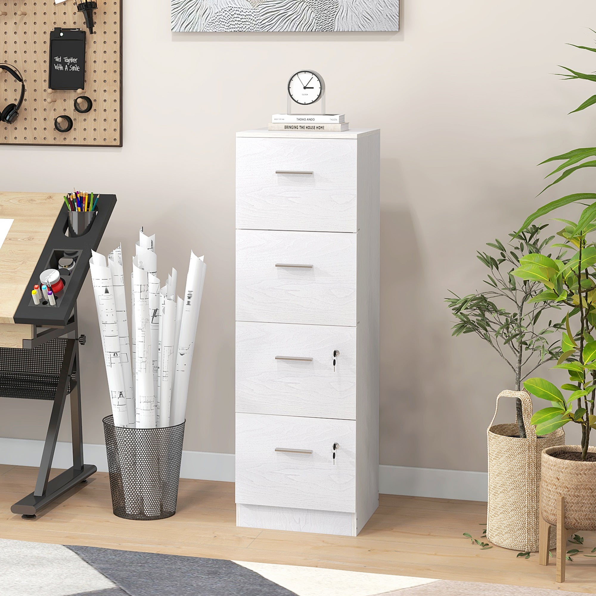 Four-Drawer Lockable Filing Cabinet - White Wood Effect