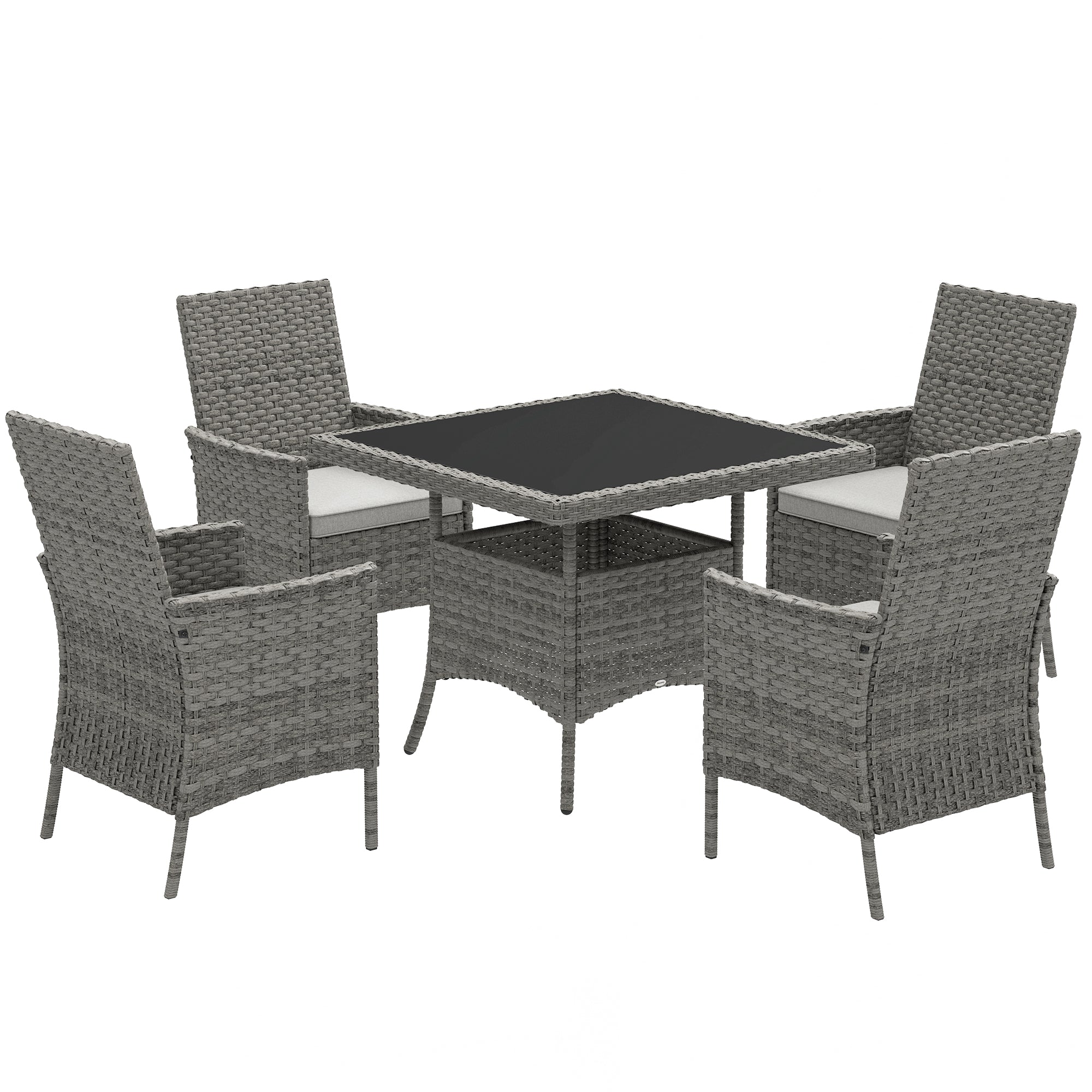 Rattan Garden Furniture Set, Outdoor Dining Table and Chairs 4 Seater with Cushions, Square Tempered Glass Top, 4 Armchairs, for Balcony, Terrace, Conservatory, Grey