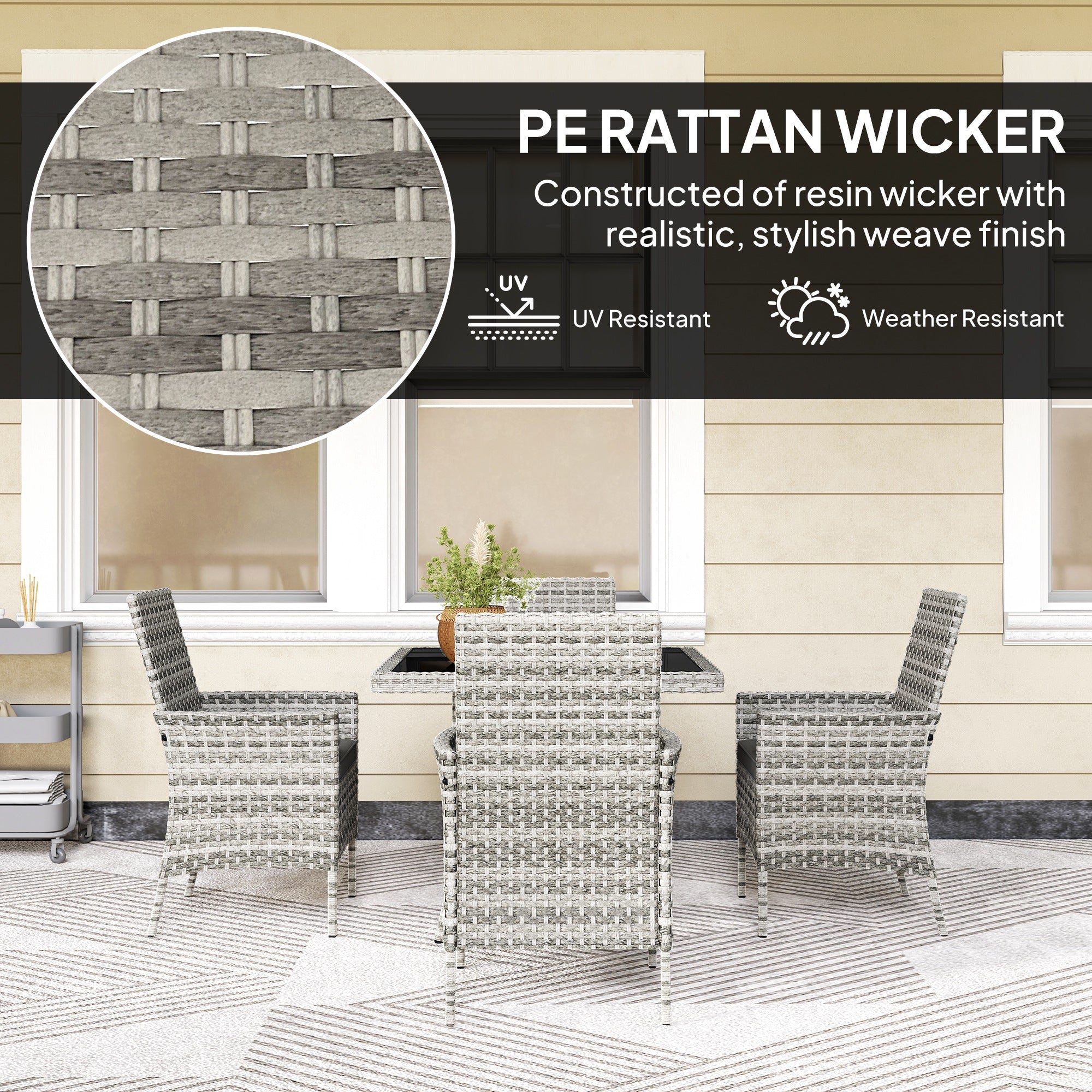 Rattan Garden Furniture Set, Outdoor Dining Table and Chairs 4 Seater with Cushions, Square Tempered Glass Top, 4 Armchairs, for Balcony, Terrace, Conservatory, Mixed-Grey