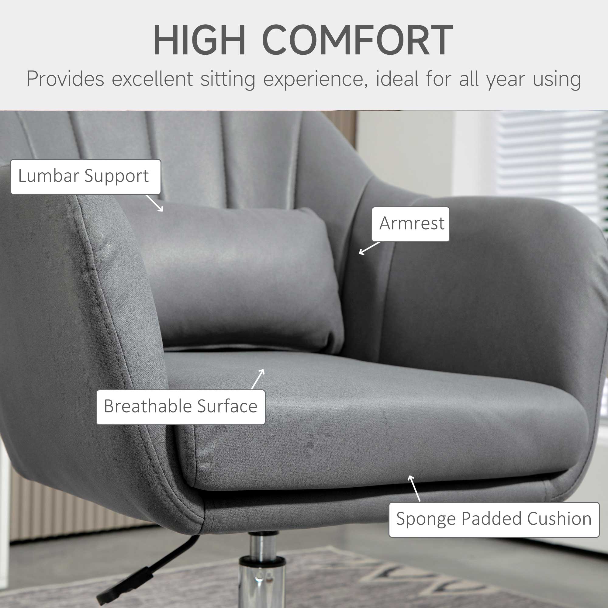 Swivel Microfibre Accent Chair for Living Room Contemporary Vanity Armchair with Adjustable Height Thick Cushion Lumbar Support Armrest for Bedroom Office Dark Grey