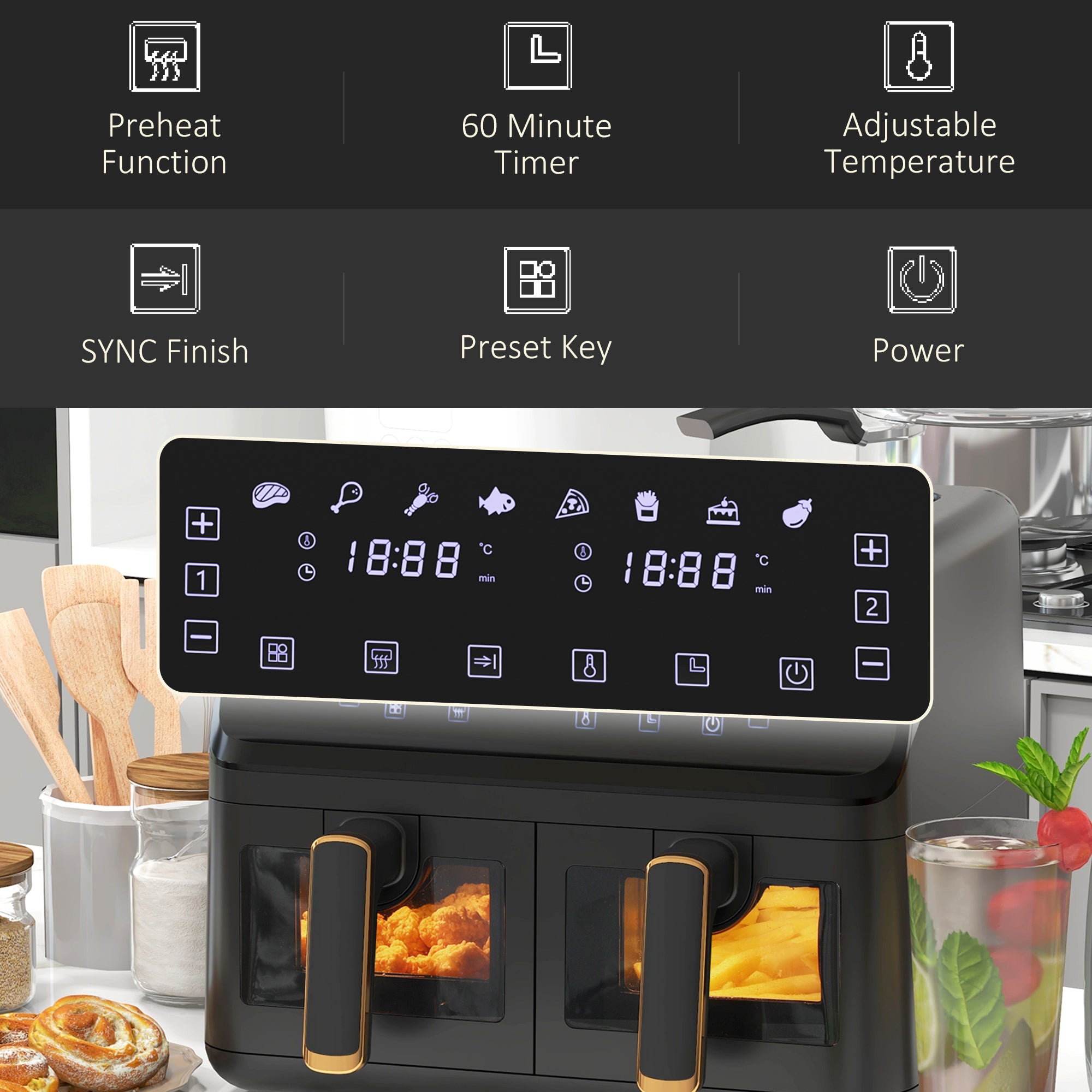 8L 200°C Double Air Fryer, with 8 Preset Menus and Digital Display - Gold Tone/Black