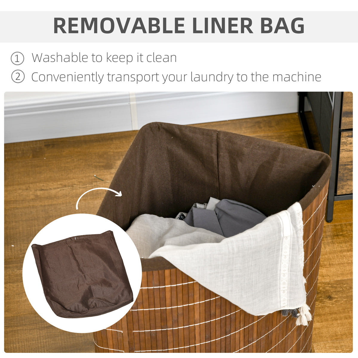 Bamboo Laundry Basket with Lid 55L Corner Hamper with Removable Washable Lining - Brown