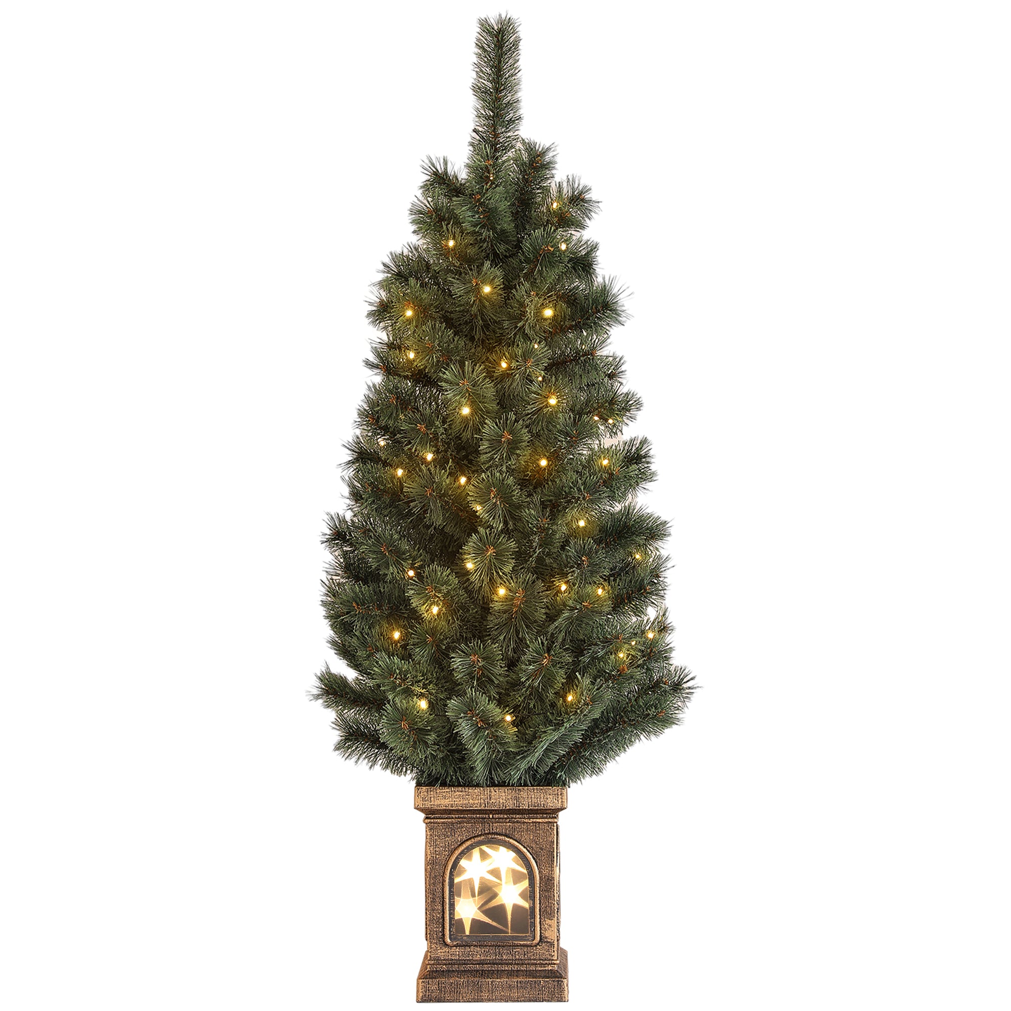 4ft Artificial Christmas Tree with 80 Warm White LED Lights, 8 Modes and Remote, Realistic Xmas Tree with Square Stand for Party Decoration, Green