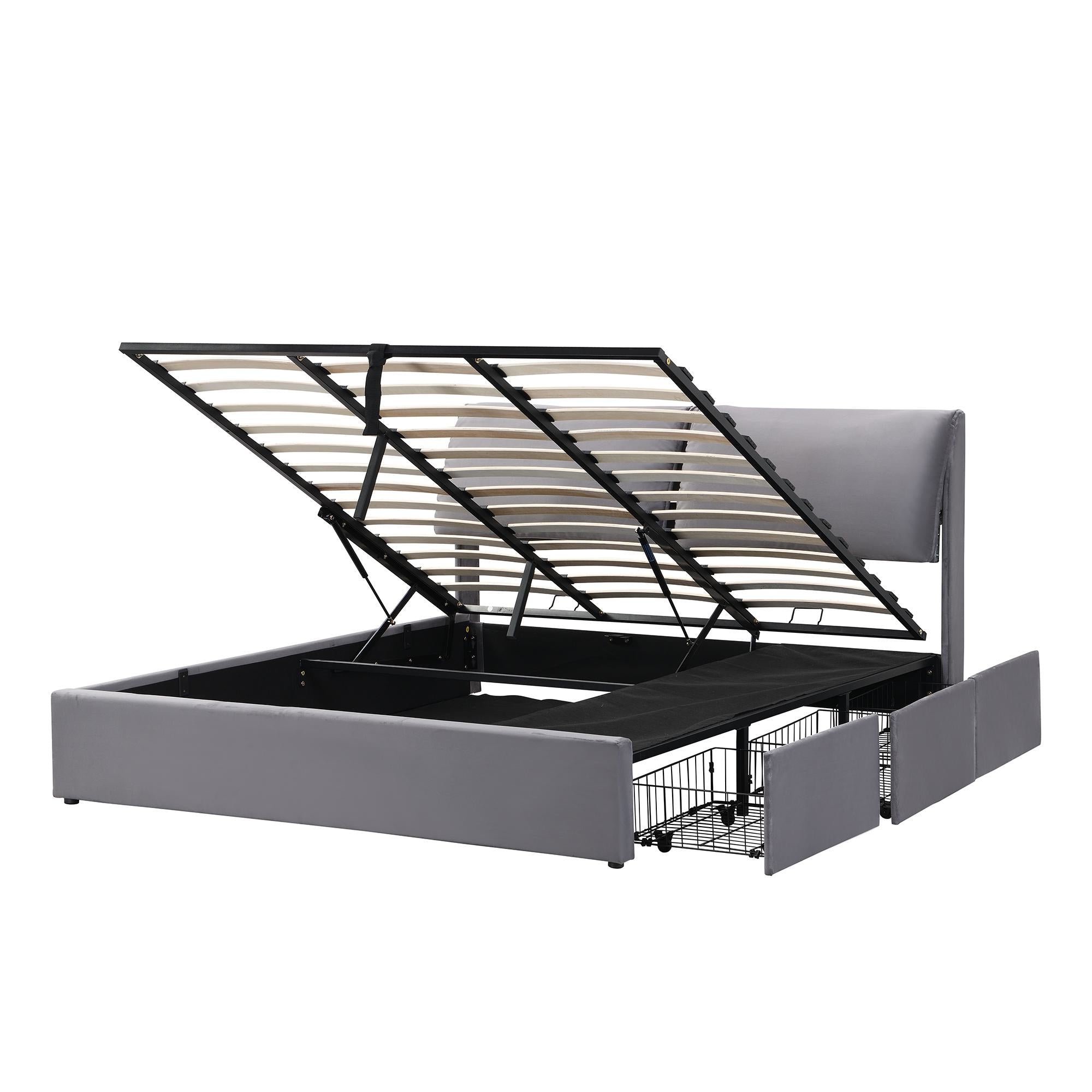 King Size Upholstered Bed with Hydraulic Storage and 3 Drawers - Grey Velvet