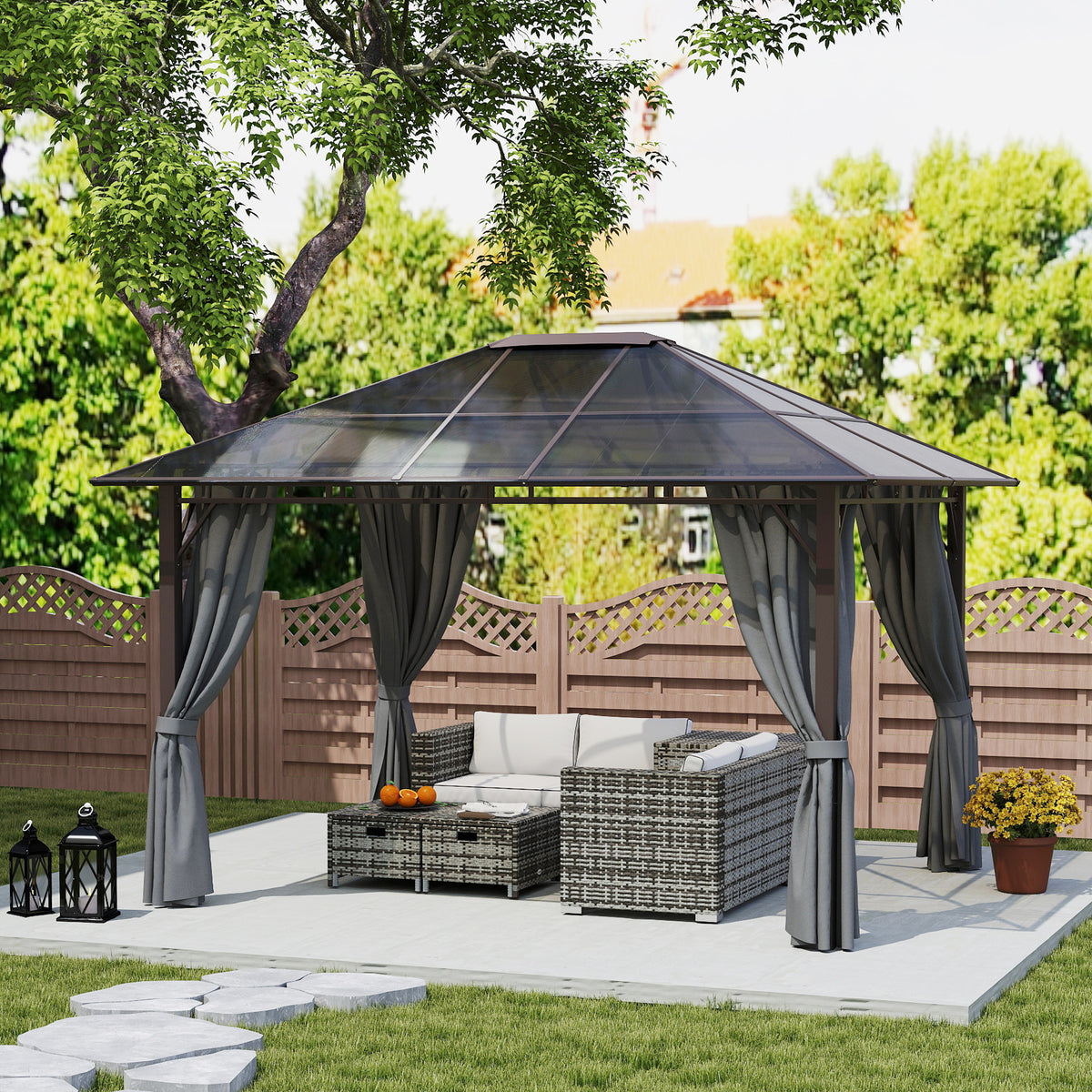 3.6 x 3 Metre Hardtop Gazebo with Polycarbonate Roof and Curtains - Dark Grey