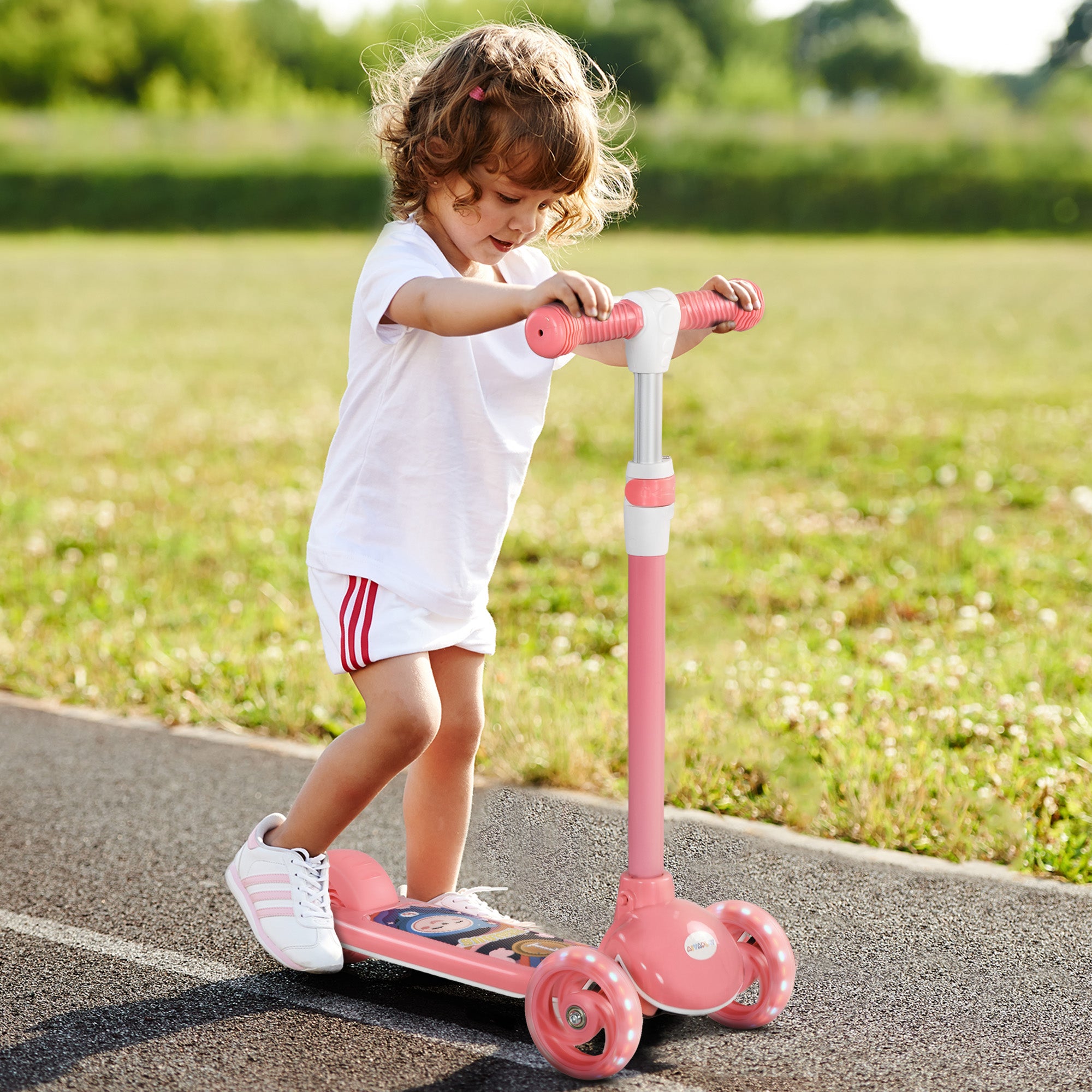 Kids 3 Wheel Scooter for 2-6 Years Old w/ Adjustable Height, LED Light, TPE Handlebar, Pink