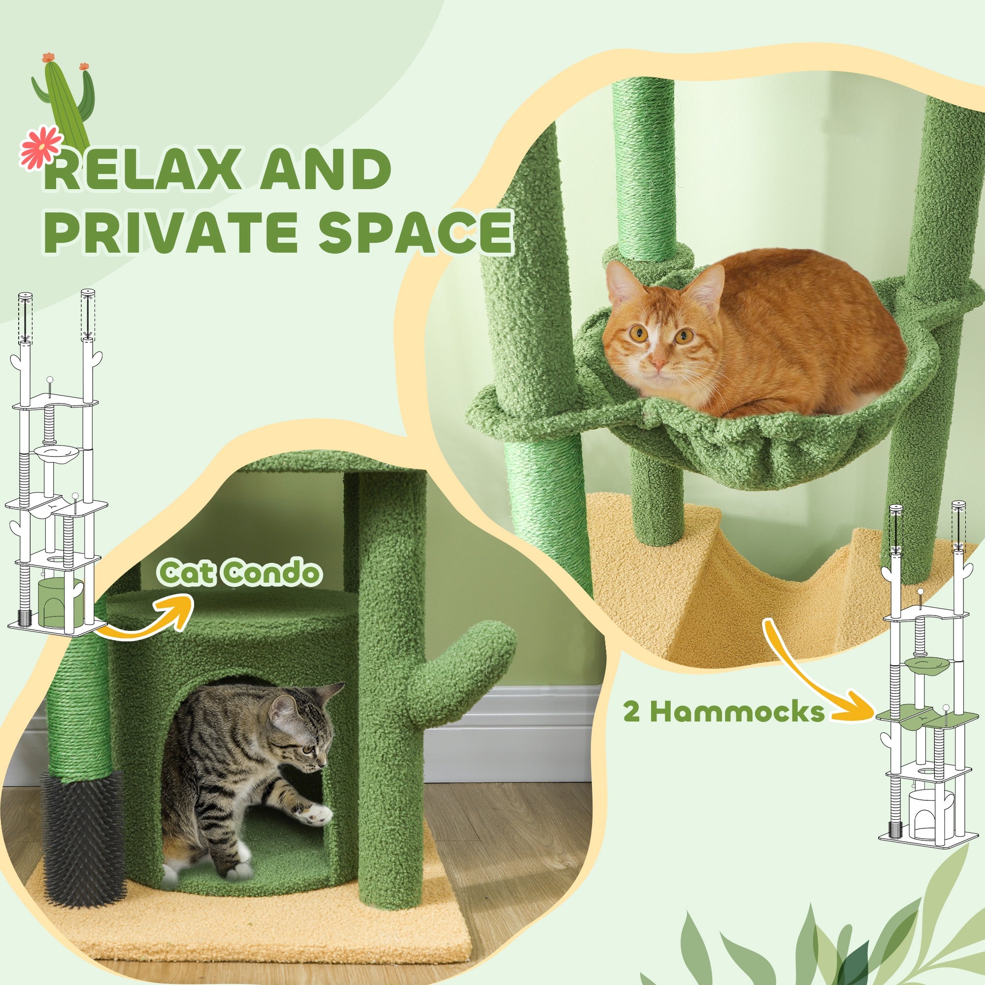 225-255cm Height Adjustable Floor to Ceiling Cat Tree, Tall Cat Tower for Indoor Cats w/ Scratching Posts - Green