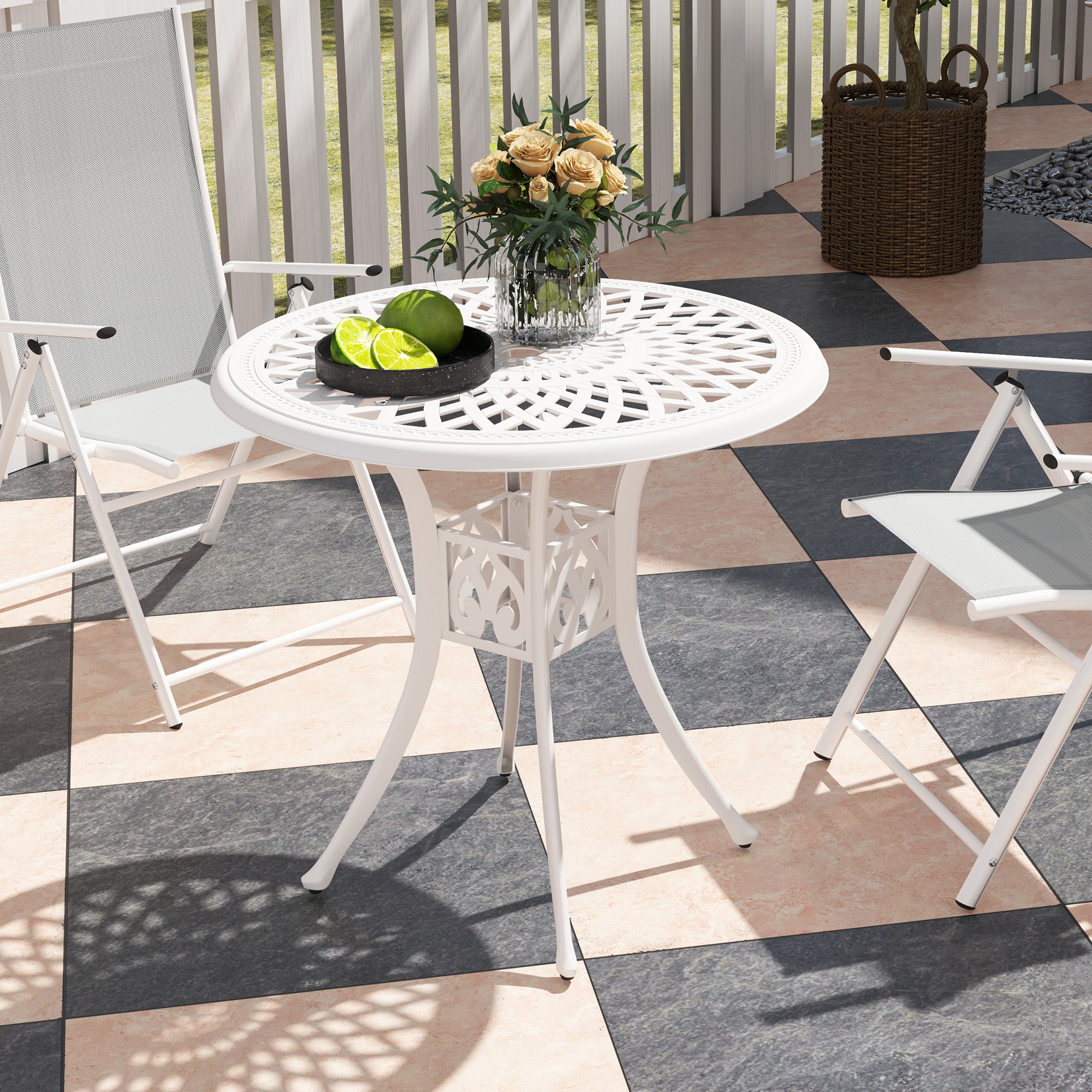 78 cm Round Garden Dining Table with Parasol Hole - White Cast Aluminium