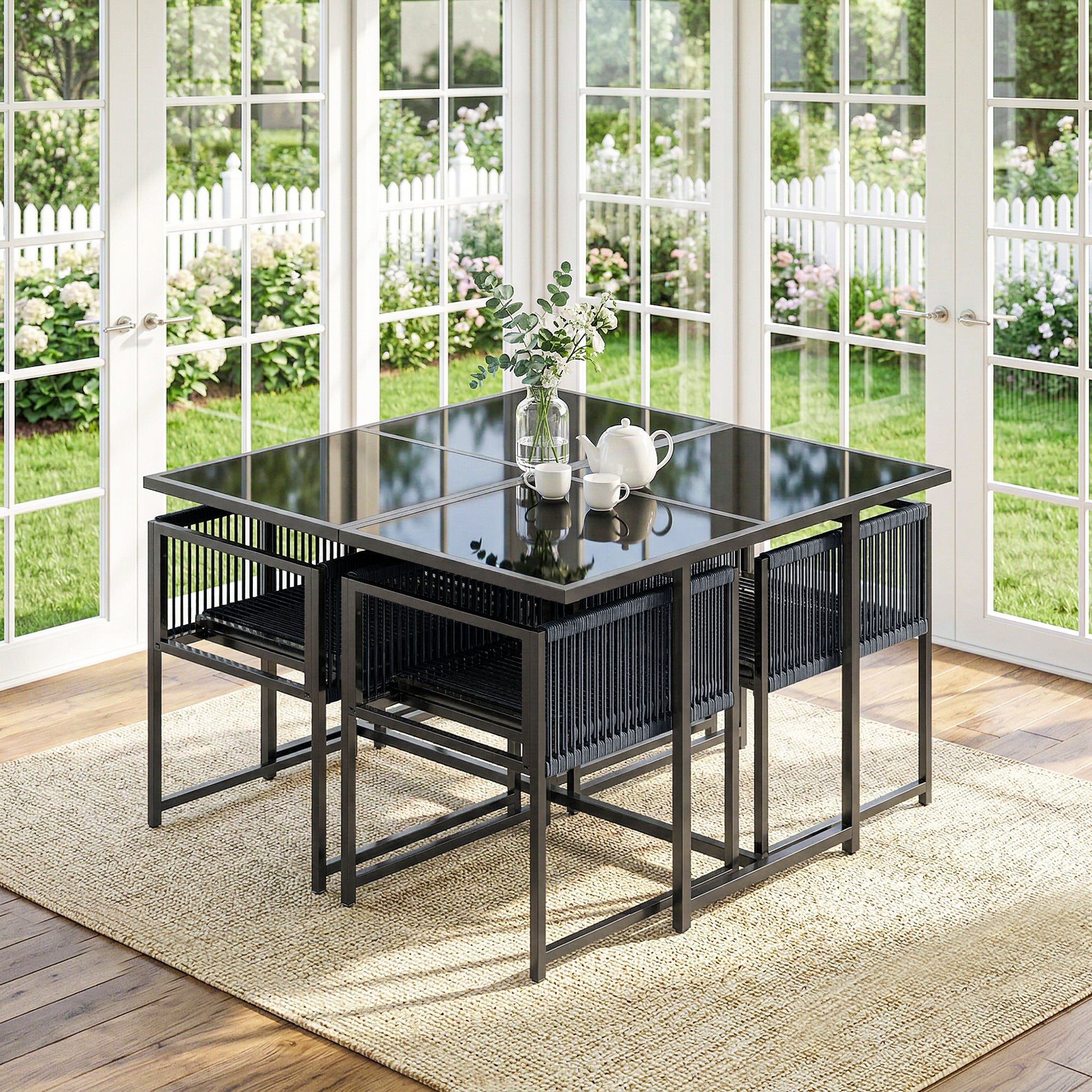 5 Pieces Garden Dining Set, Outdoor Patio Cube Set, 4 Seater Outdoor Table and Chairs with Foldable Backrest, Dark Grey