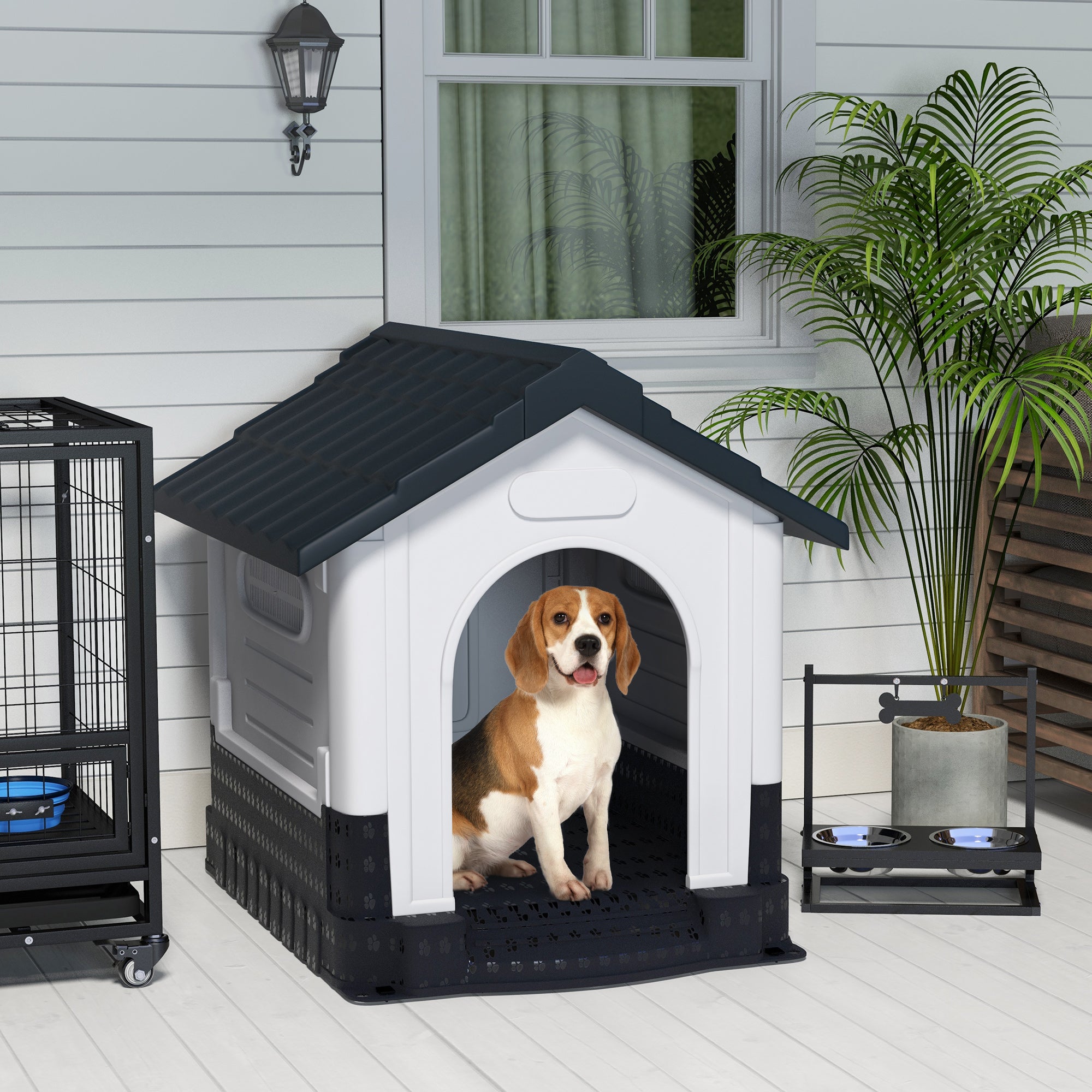 Plastic Dog Kennel with Windows, for Garden Patio, Medium and Large Dogs, 101 x 88 x 99cm - Grey