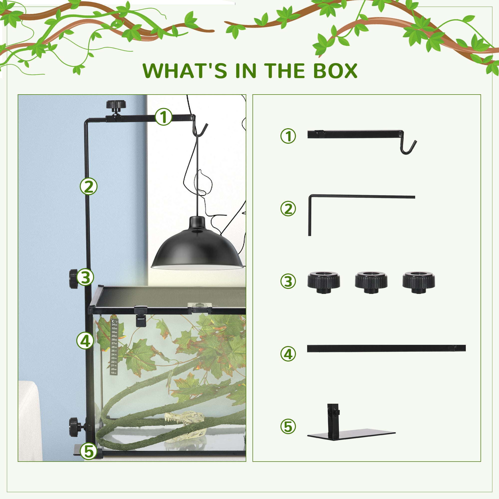 Adjustable Height and Length Reptile Lamp Stand Holder with Hook Hanging, Base - Black