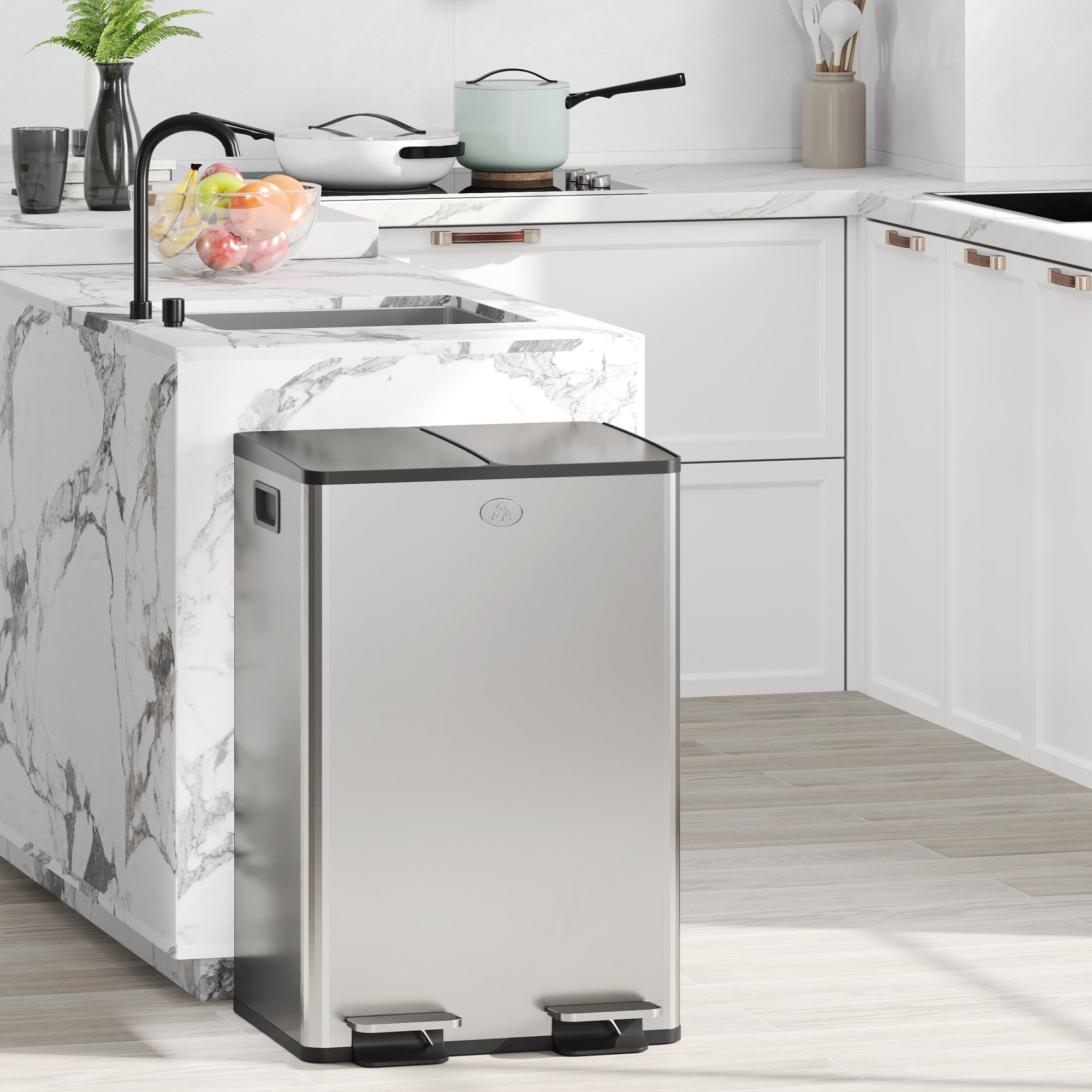 56L Dual Compartment Stainless Steel Bin, with Deodoriser Holders - Silver Tone