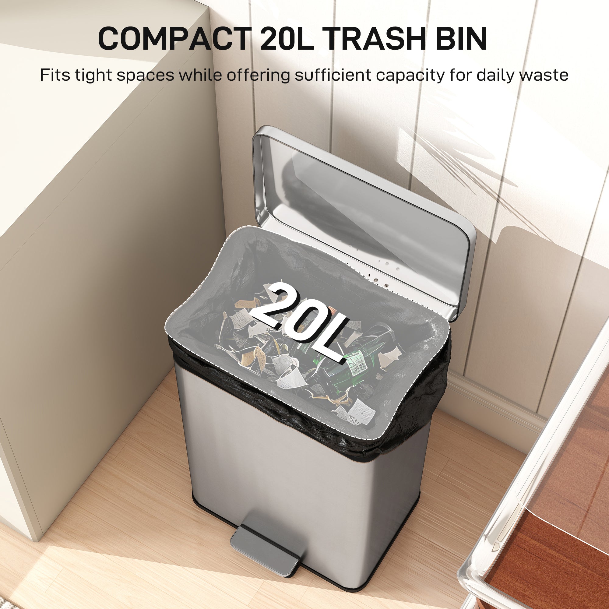 20L Kitchen Bin with Soft-Close Lid and Stay-Open Function, Stainless Steel Pedal Bin with Removable Inner Bucket for Kitchen, Office, Home, Silver Tone