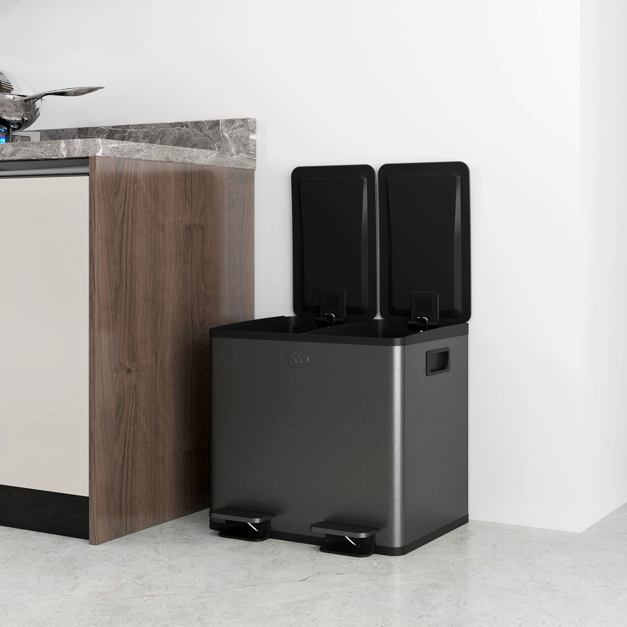 30L Dual Compartment Stainless Steel Bin, with Deodoriser Holders - Black